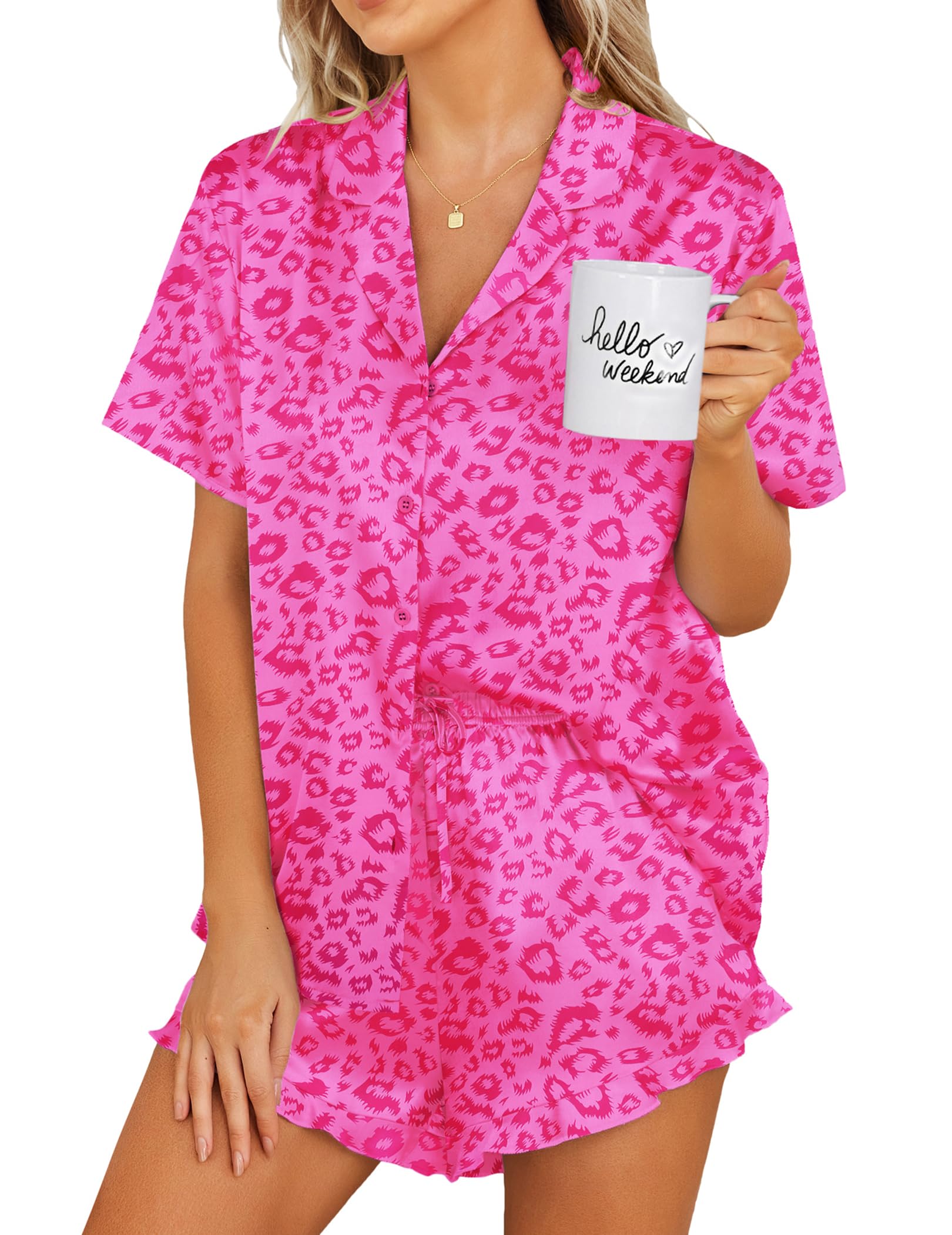 Ekouaer Womens Satin Pajamas Set Button Down 2 Piece Silk Pjs Shorts Set Ruffle Lingerie Notch Collar Sleepwear
