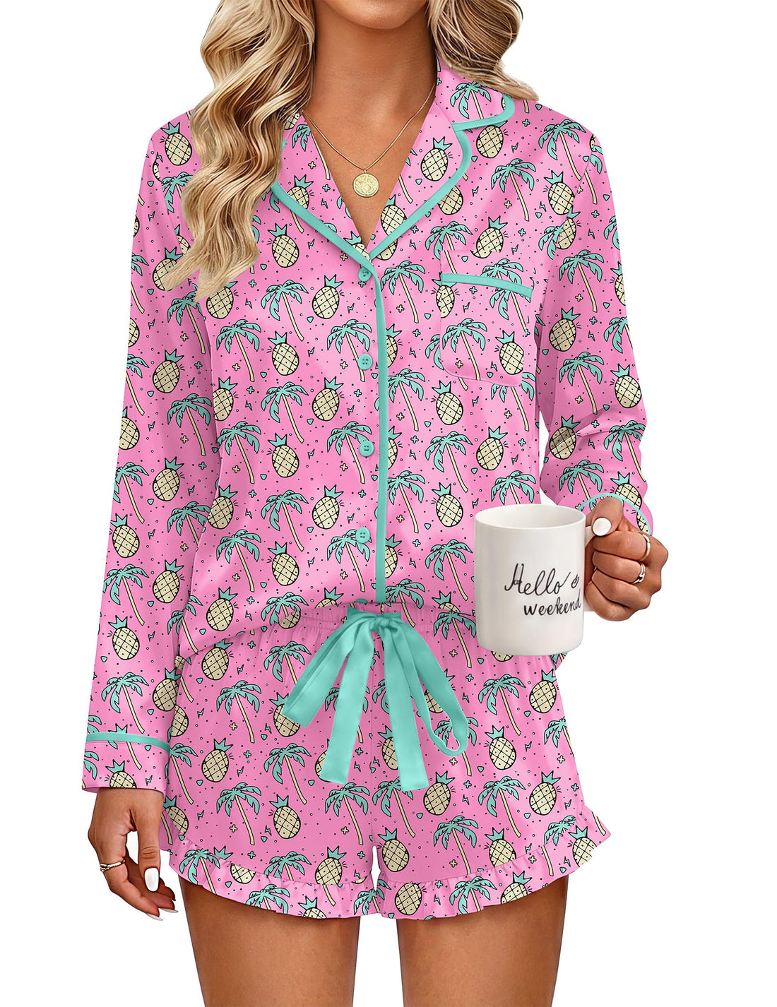 Ekouaer Womens Satin Pajamas Set 2 Piece Long Sleeve and Ruffle Shorts
