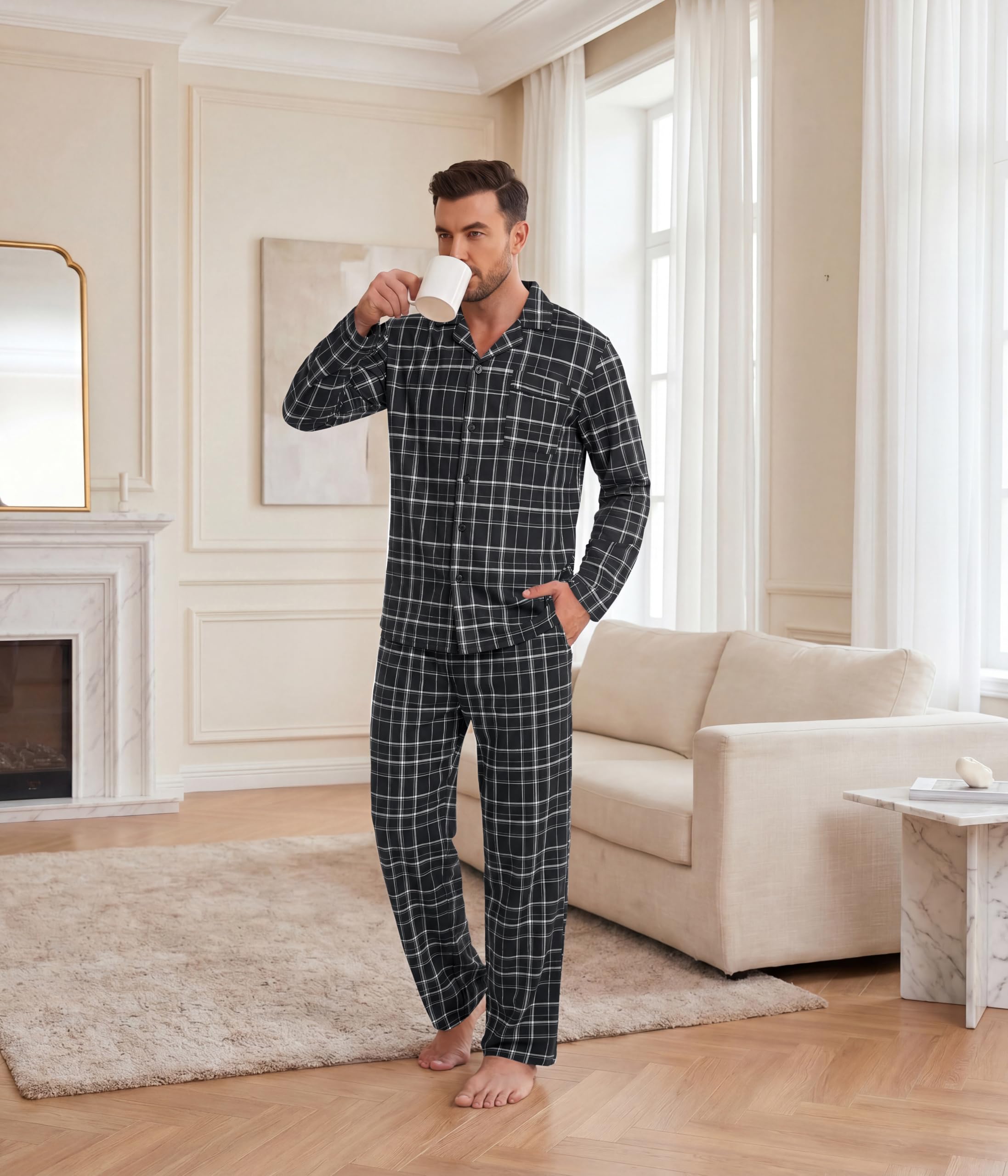 Ekouaer Mens Pajamas Set Long Sleeve Button Down Pjs Long Pants with Pocket