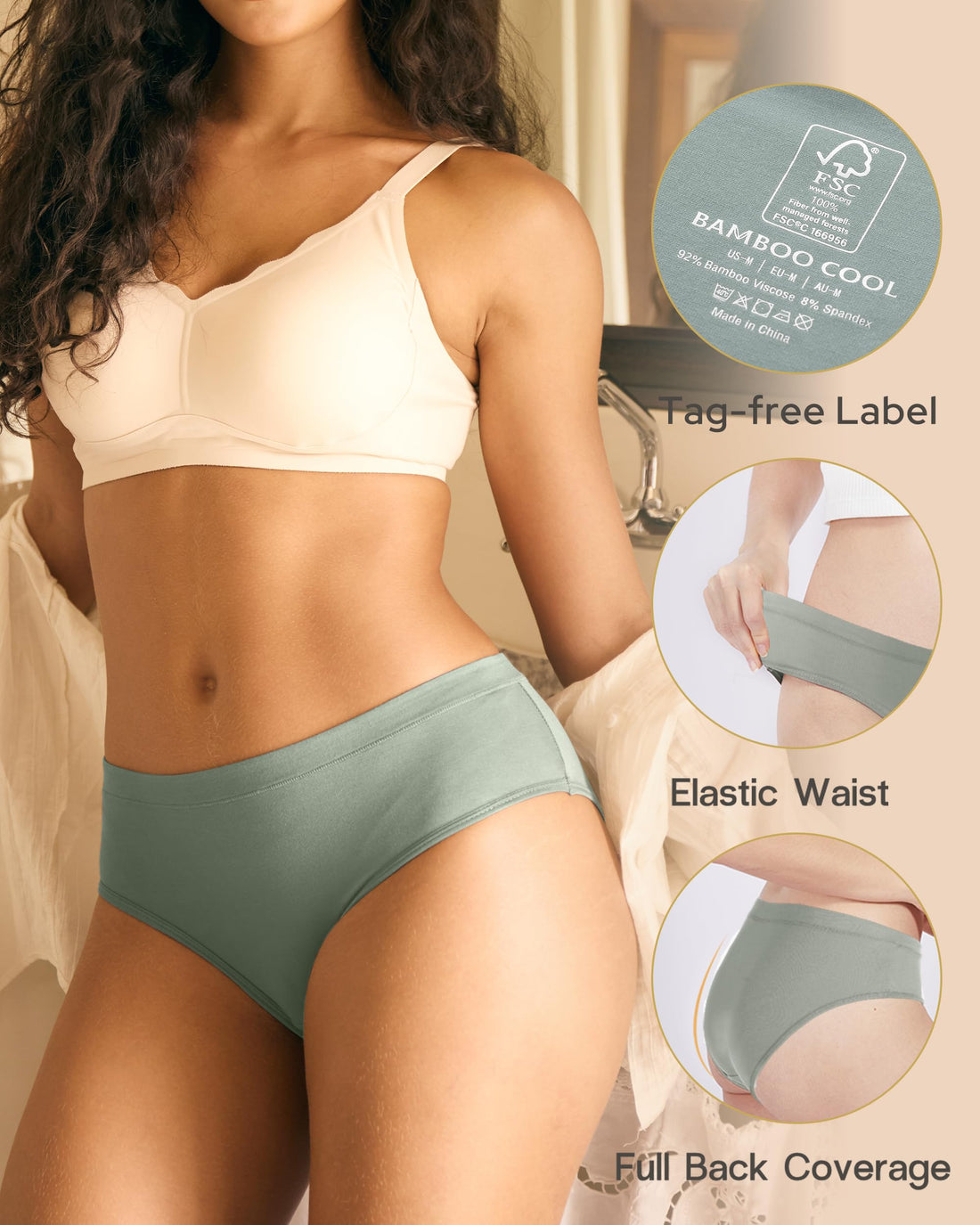 BAMBOO COOL Womens Underwear, Moisture-Wicking Briefs, Soft and Breathable Panties, Mid Waist, 5-Pack