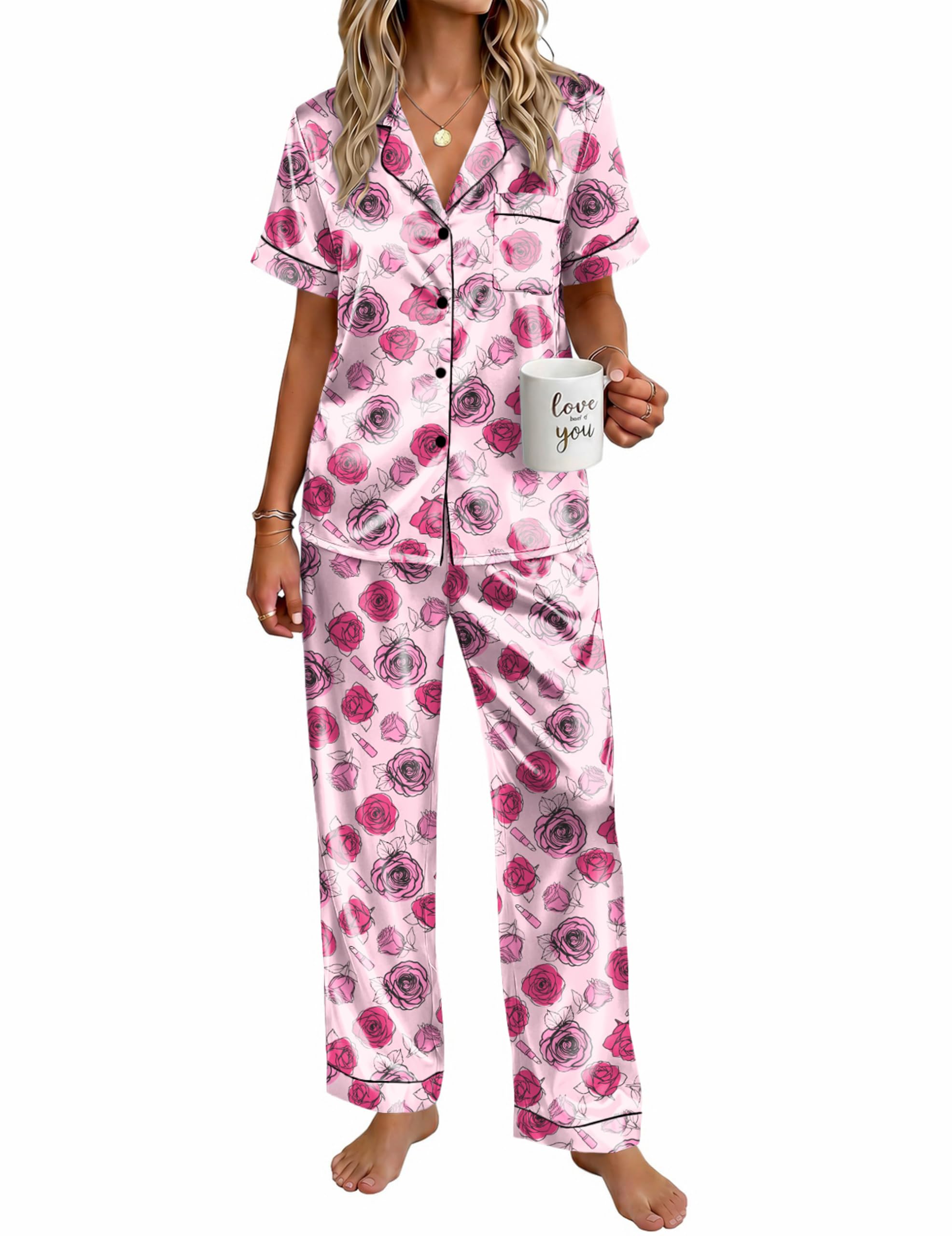 Ekouaer Womens Satin Pajama Set Silky Short Sleeve Button Down Pj Set