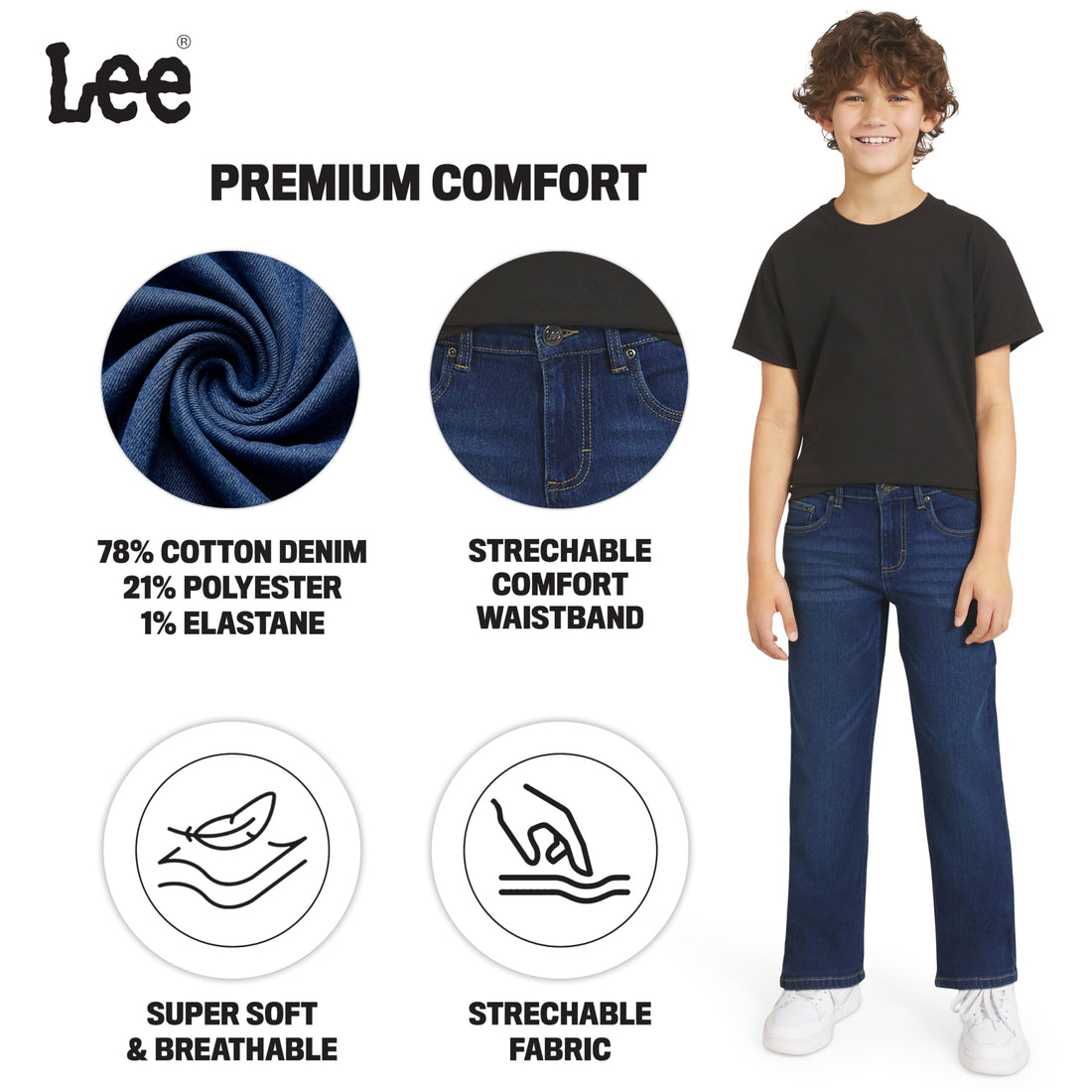 Lee Boys' 5 Pocket Loose Fit Stretch Waist Denim Jeans