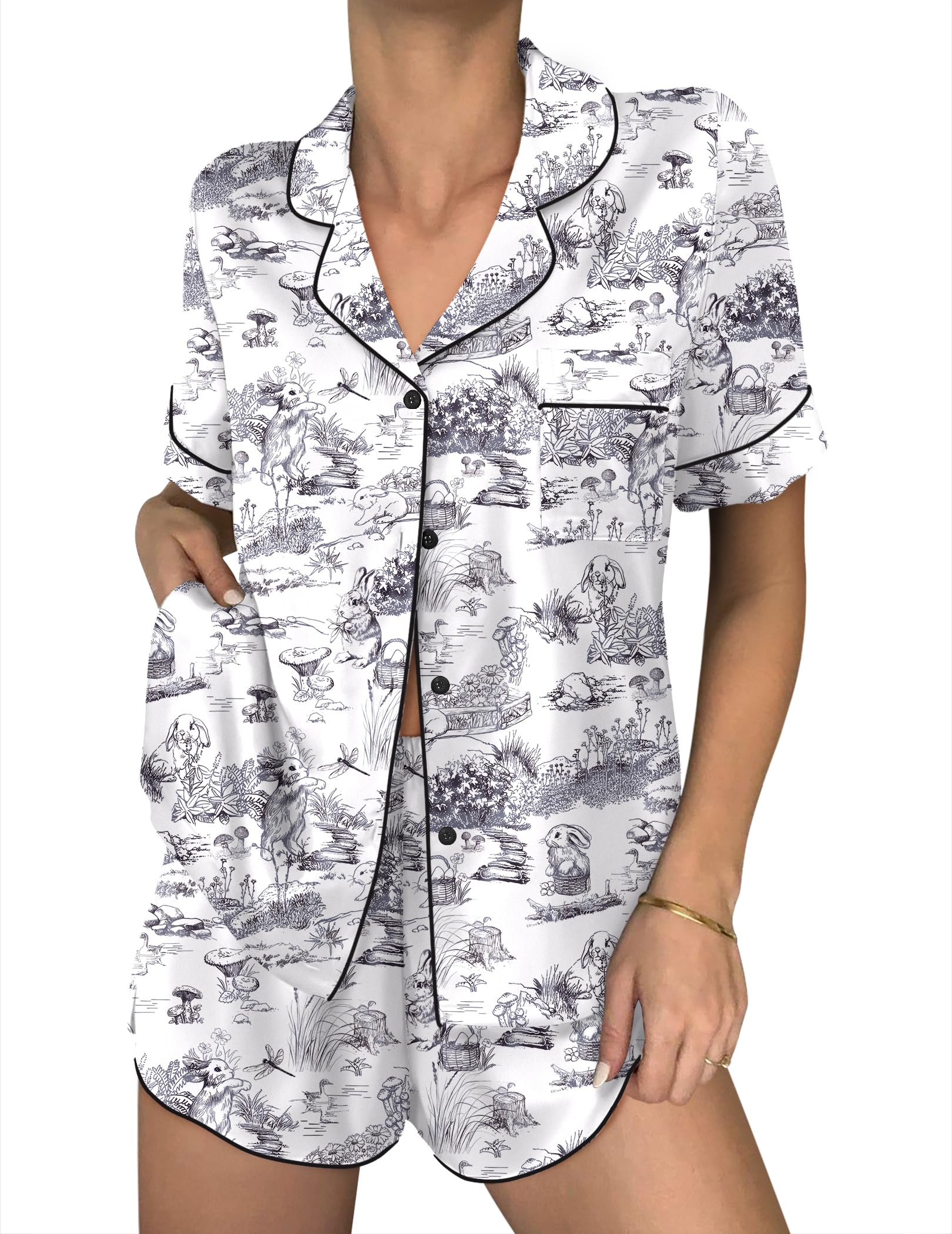 Ekouaer Women Satin Pajama Sets Cute Print Silk Pjs Shorts Sets S-4XL