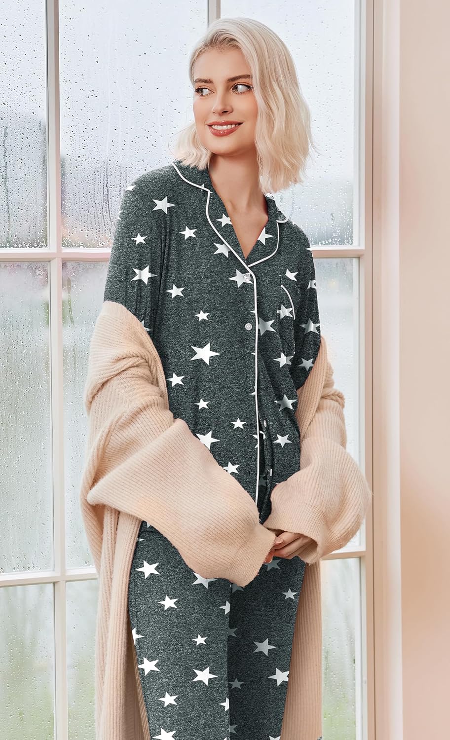 Ekouaer Pajamas Womens Long Sleeve Sleepwear Button Down Loungewear Pjs Set