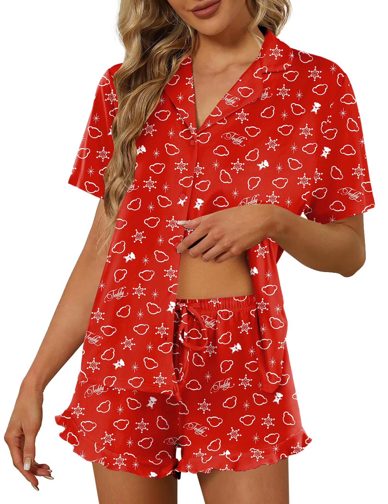 Ekouaer Pajamas Set for Women Short Sleeve Sleepwear Button Down Ruffle Pjs