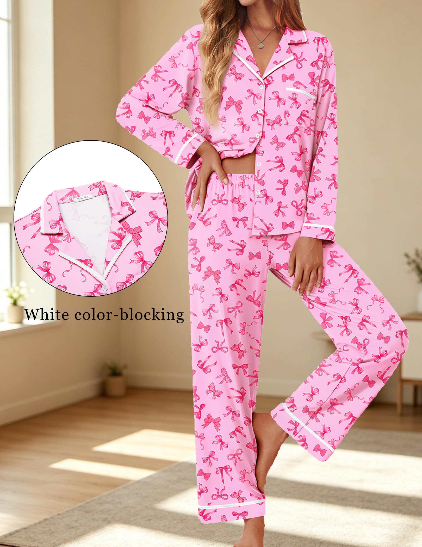 Ekouaer Womens Pajama Sets Long Sleeve Button Down Lounge Sets with Pockets