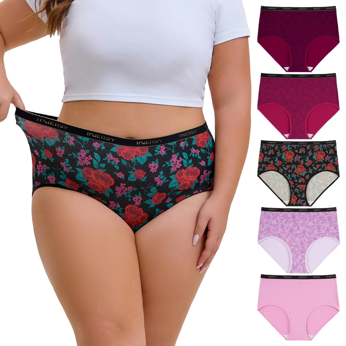 INNERSY Plus Size XL-6XL Big Curvy Woman Cotton Underwear High Waist Briefs 5-Pack