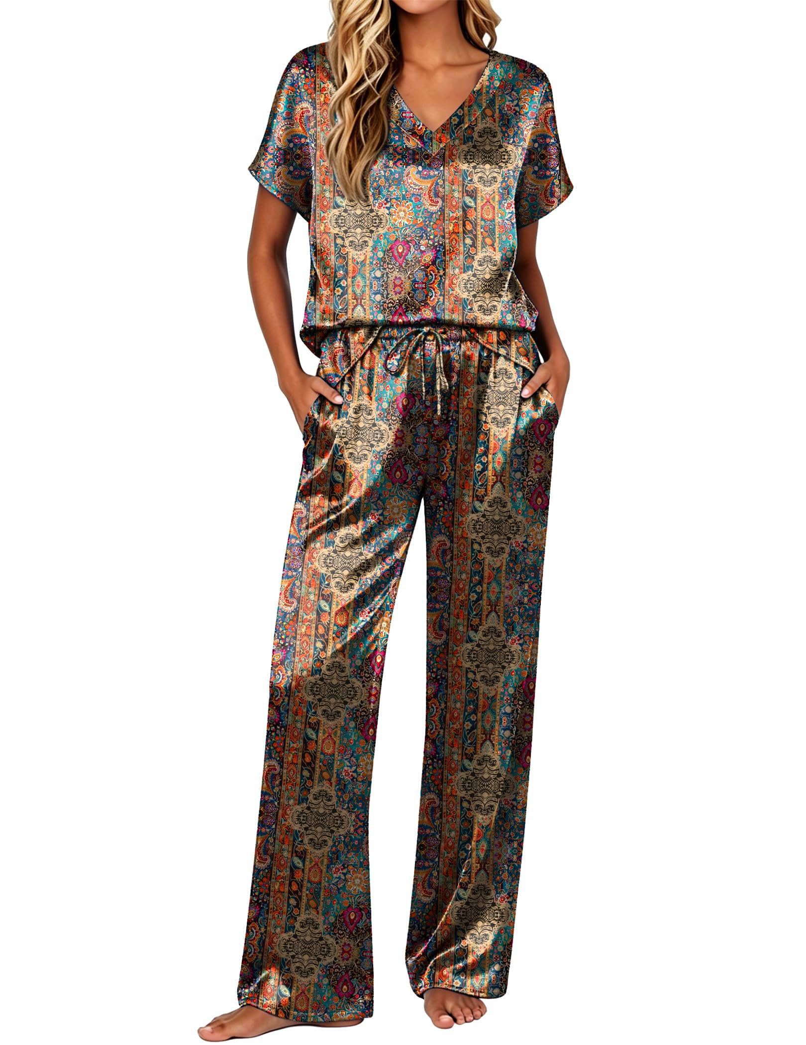 Ekouaer Womens Silk Pajamas Set 2 Piece Satin Pjs Cap Sleeve Loungewear