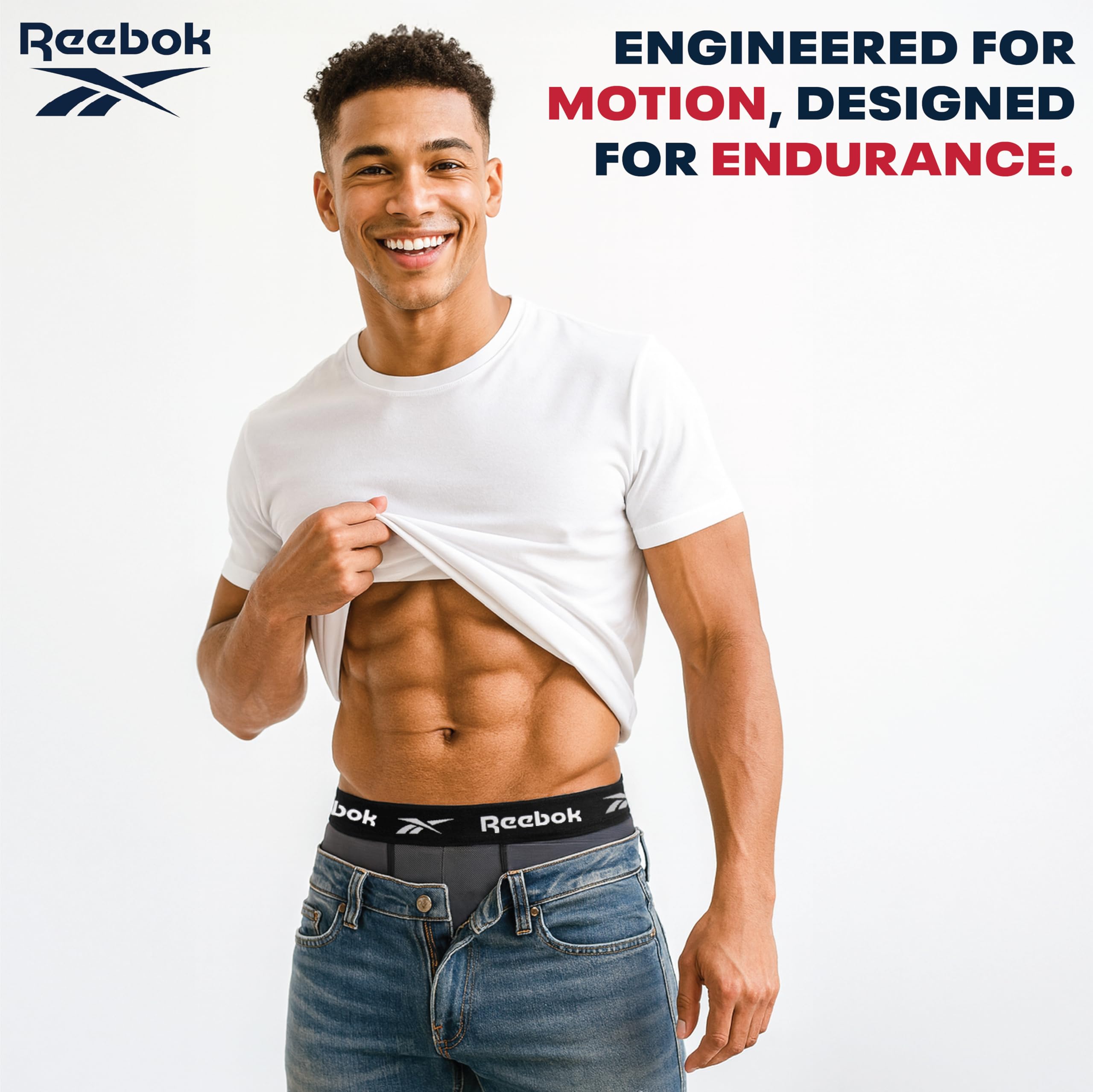 Reebok Mens Boxer Briefs - 4 Pack Underwear with Contour Pouch, 6'' Inseam | Athletic Stretch Performance Moisture-Wicking Fabric, No Fly Pouch, Tag-Free Waistband