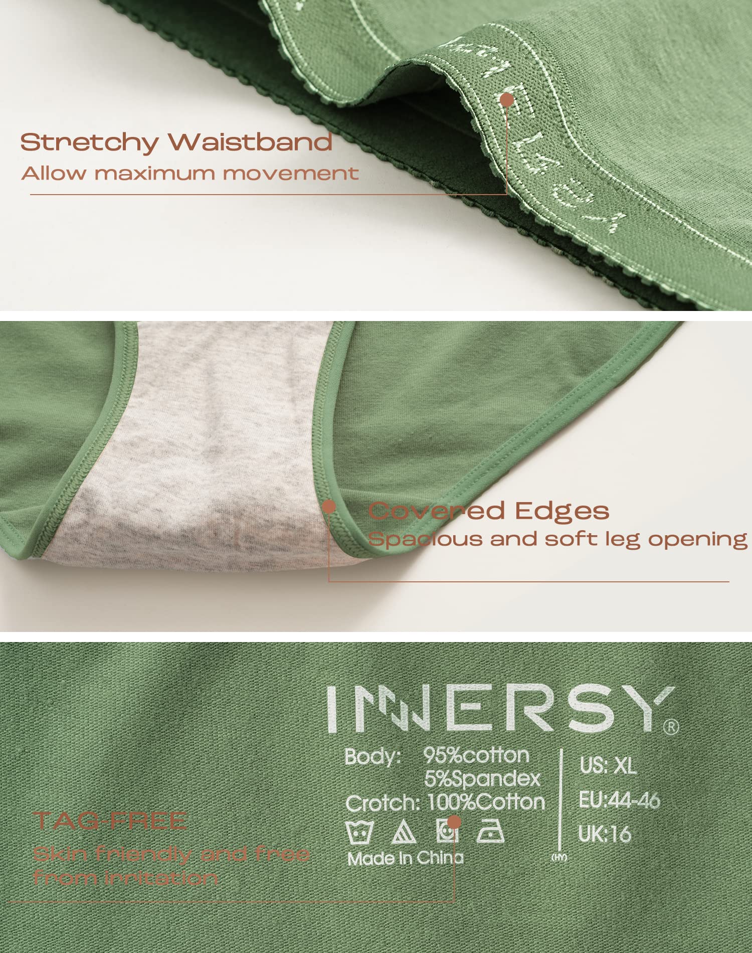 INNERSY Plus Size XL-6XL Big Curvy Woman Cotton Underwear High Waist Briefs 5-Pack