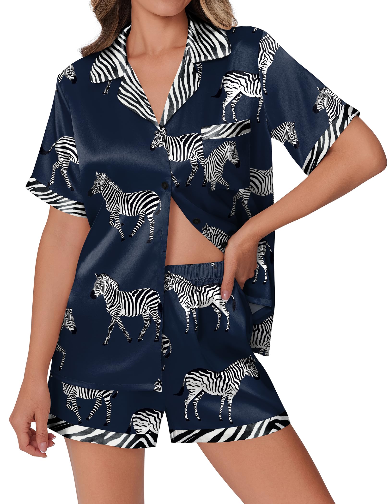 Ekouaer Womens Silky Satin Pajamas Set Short Sleeve Colorful Print Pjs