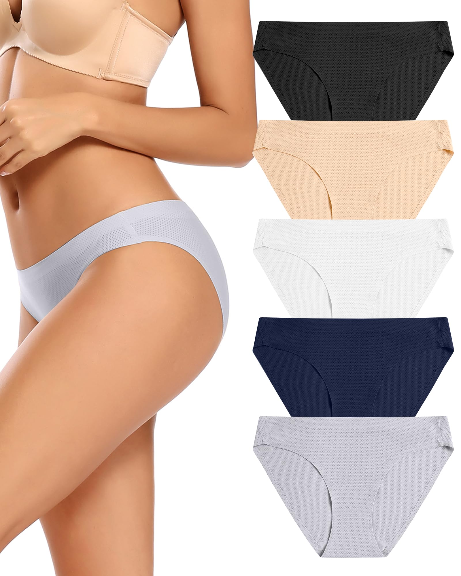 voenxe Women Bikini Underwear,Seamless Breathable Ladies No Show Panties | 5 Pack Invisible Comfortable Briefs,No Seam Soft Woman Mesh Workout Undies,Elastic Comfy Stretch Gym Hipster Panty, Multipack