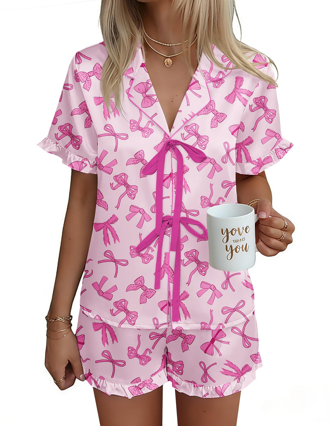 Ekouaer Satin Pajama for Women Short Sleeve Silky Pj Short Sets Lounge Set