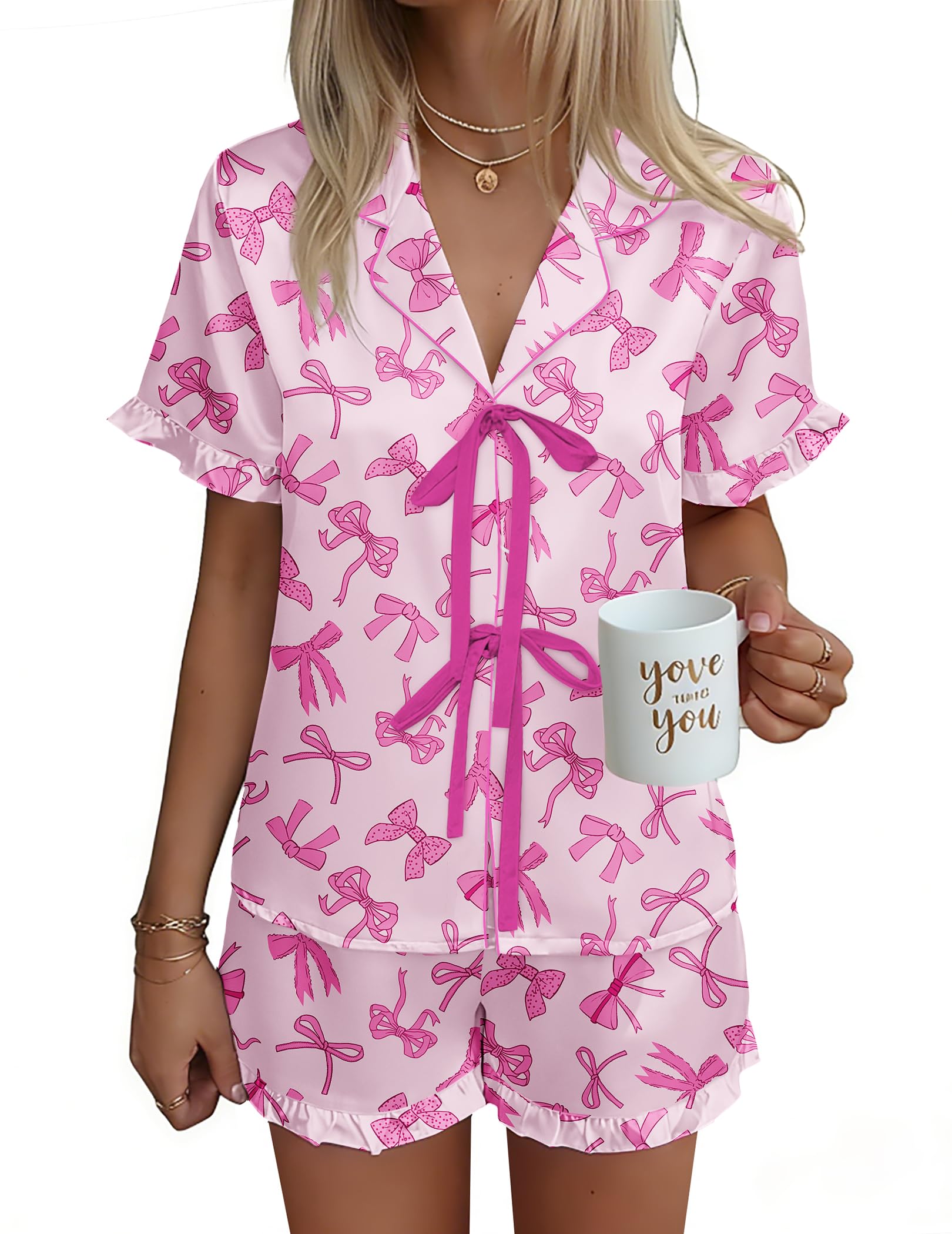 Ekouaer Satin Pajama for Women Short Sleeve Silky Pj Short Sets Lounge Set