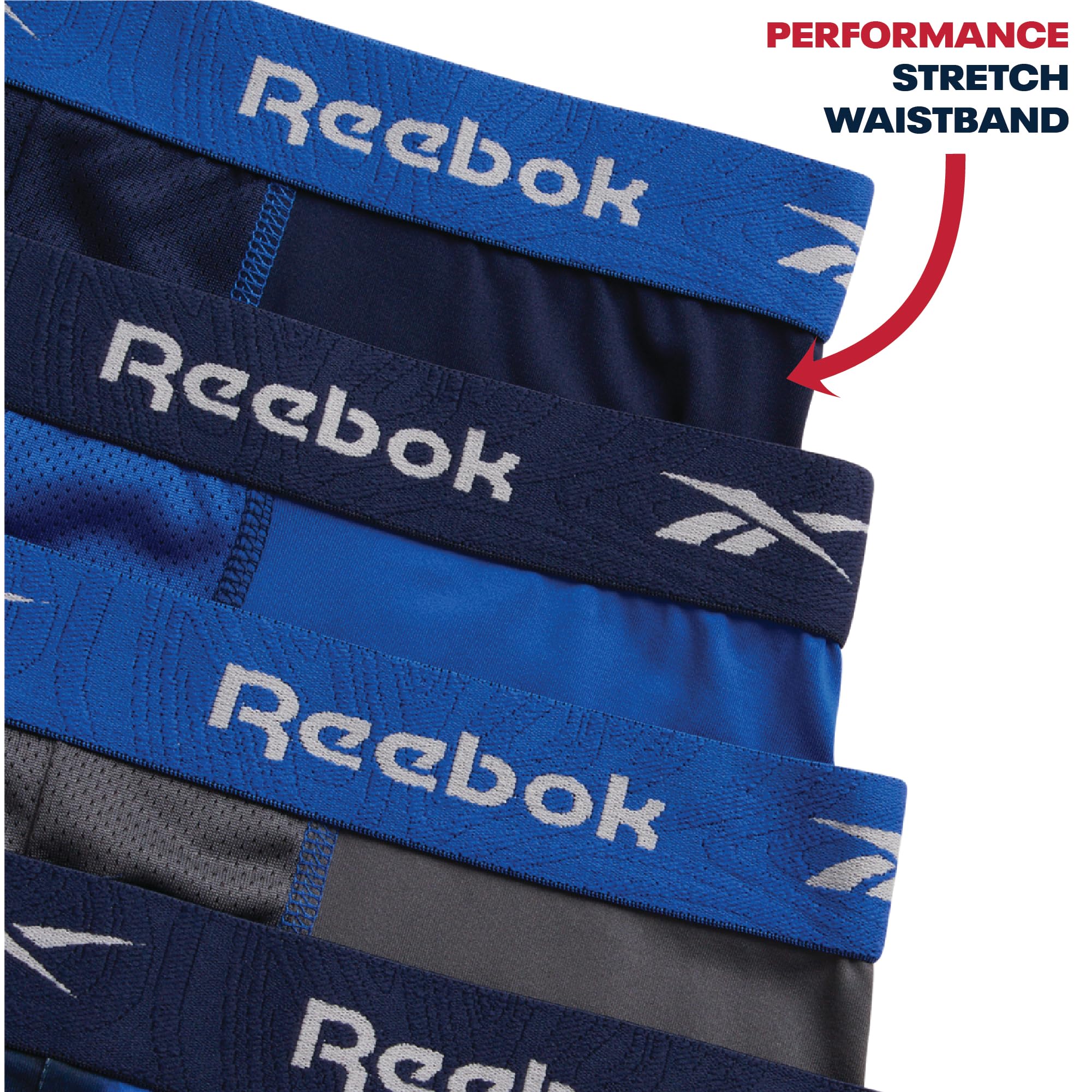 Reebok Mens Boxer Briefs - 4 Pack Underwear with Contour Pouch, 6'' Inseam | Athletic Stretch Performance Moisture-Wicking Fabric, No Fly Pouch, Tag-Free Waistband
