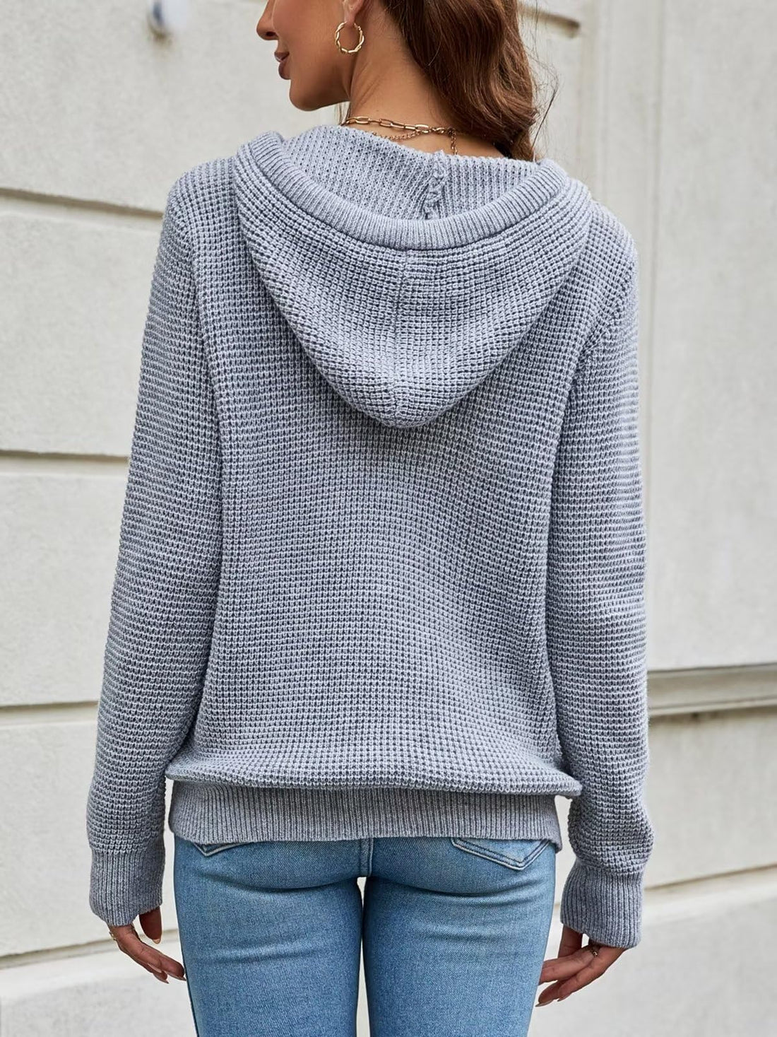 CiCiBird Women's Fall Hoodies Sweater V Neck Waffle Knit Top with Pocket | Loose Fit, V Neck Button, Adjustable Drawstring, Long Sleeve, Kangaroo Pocket, Weekend Errands, Daily Wear, Work Casual