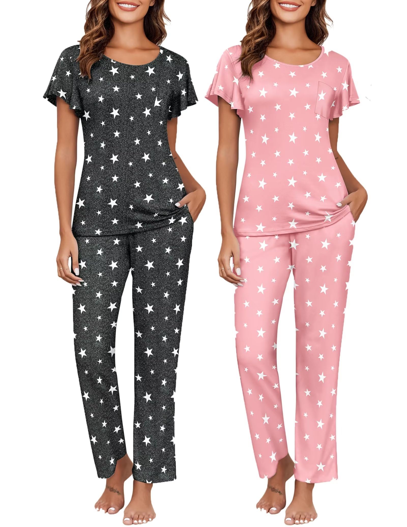 Ekouaer Pajamas for Women Set 2 Piece Comfy Loungewear, Lightweight Pjs Sleepwear, Short Sleeve Top & Long Pants with Pockets