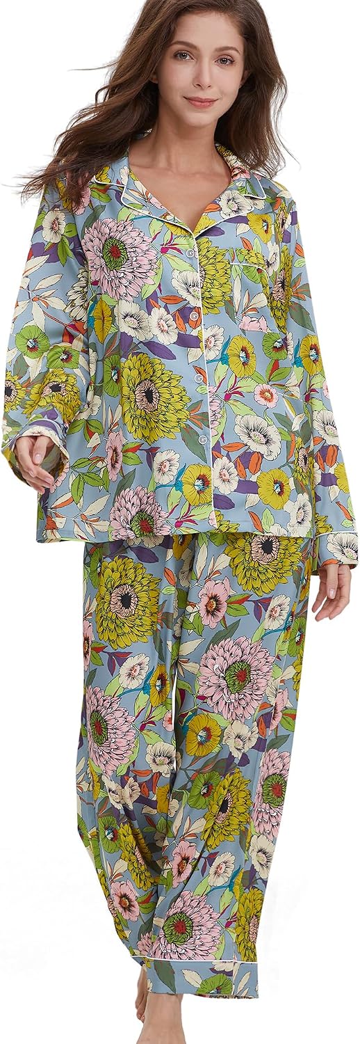 YiNi LuLu Womens Silk Satin Pajamas Set Button Down 2 Piece Pjs Long Sleeve Oversized Sleepwear with Pockets
