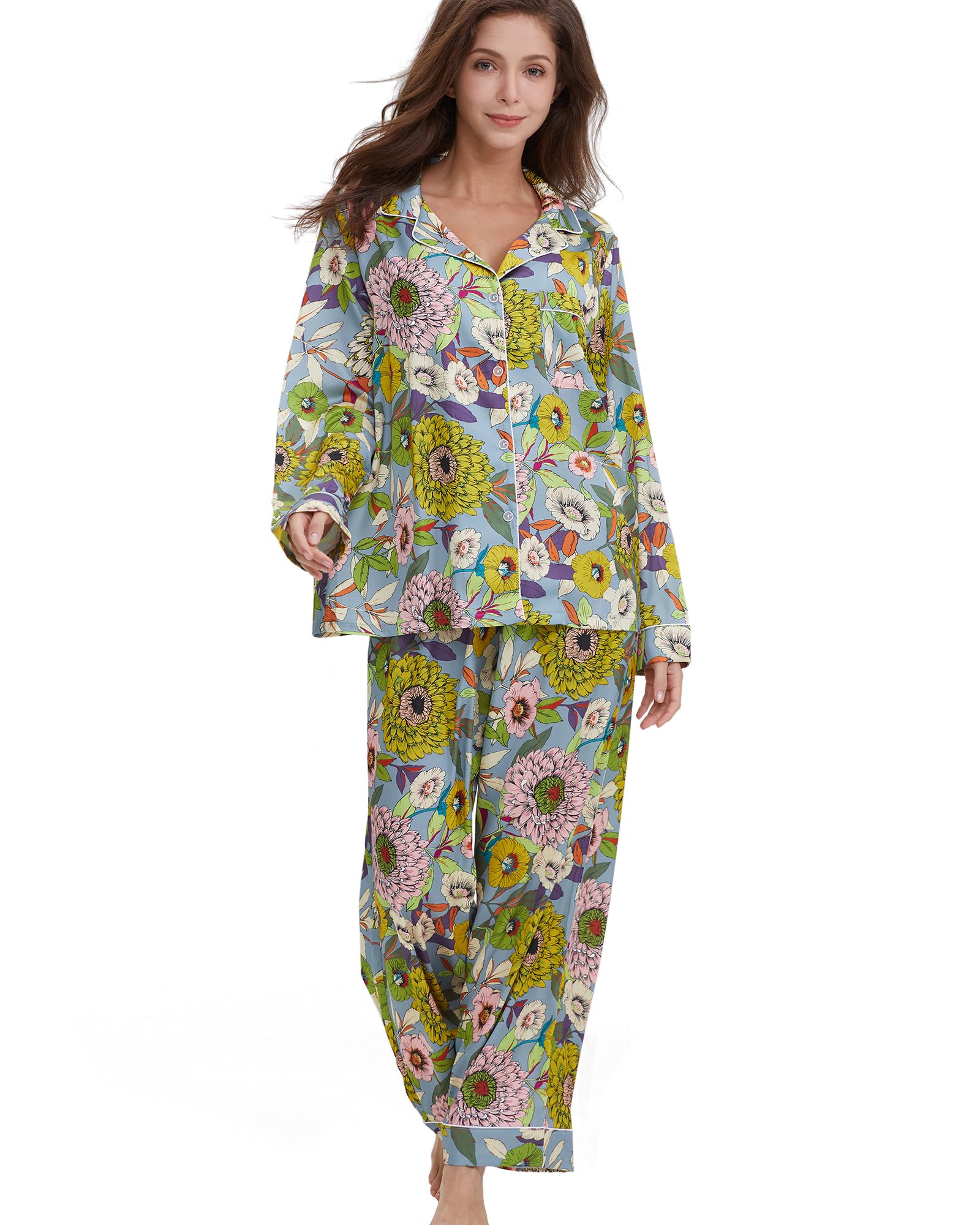YiNi LuLu Womens Silk Satin Pajamas Set Button Down 2 Piece Pjs Long Sleeve Oversized Sleepwear with Pockets