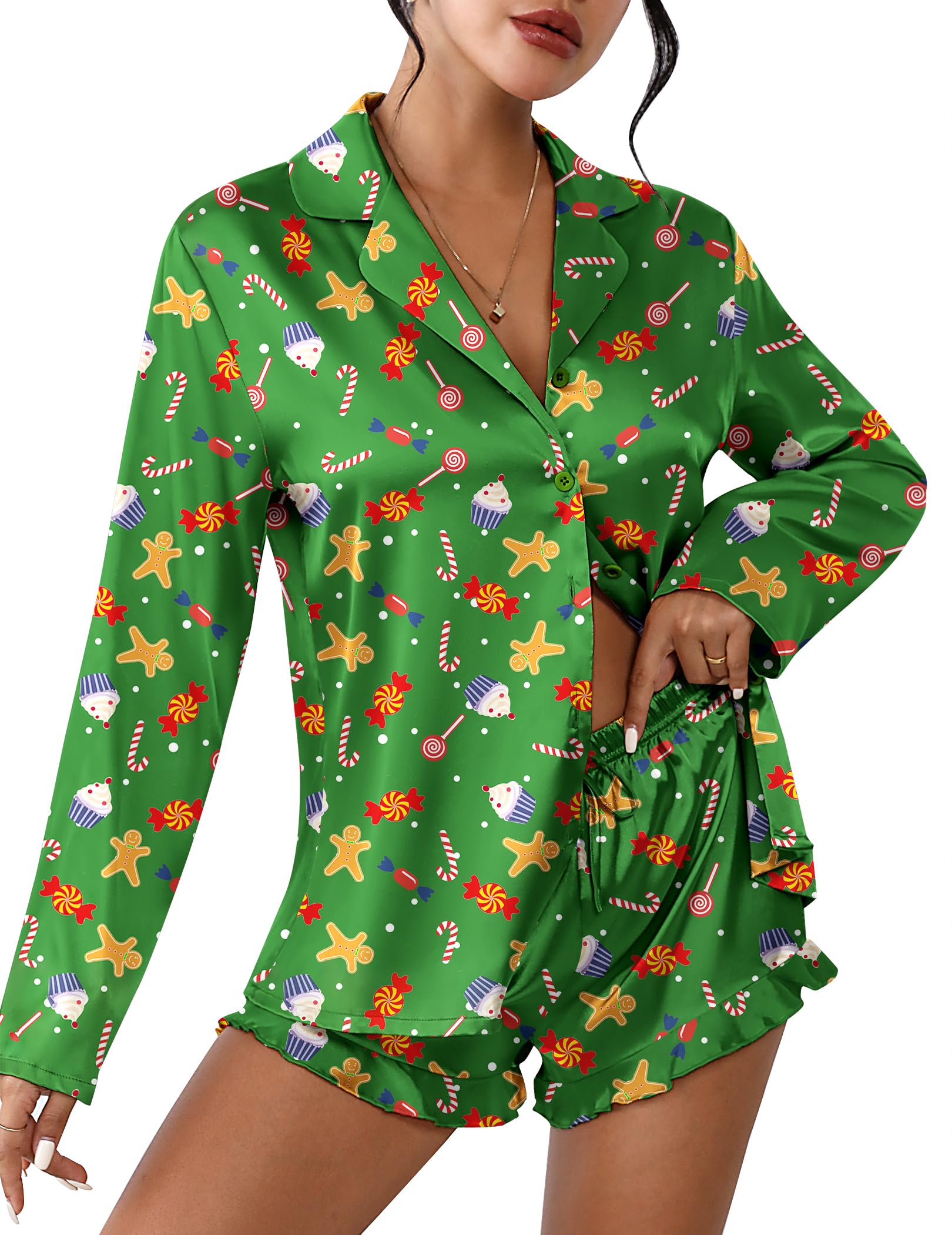 Ekouaer Womens Satin Pajama Sets Cute Button Down Silk Pjs with Ruffle