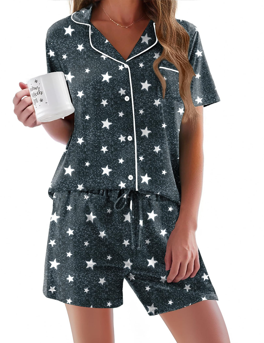 Ekouaer Pajamas Set for Women Short Sleeve Sleepwear Button Down Pj XS-XXXL