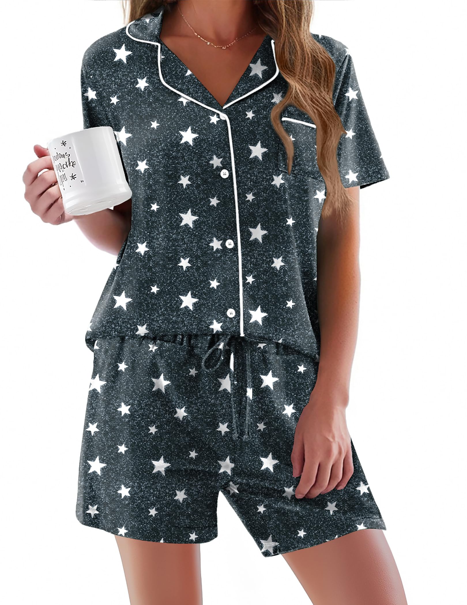 Ekouaer Pajamas Set for Women Short Sleeve Sleepwear Button Down Pj XS-XXXL