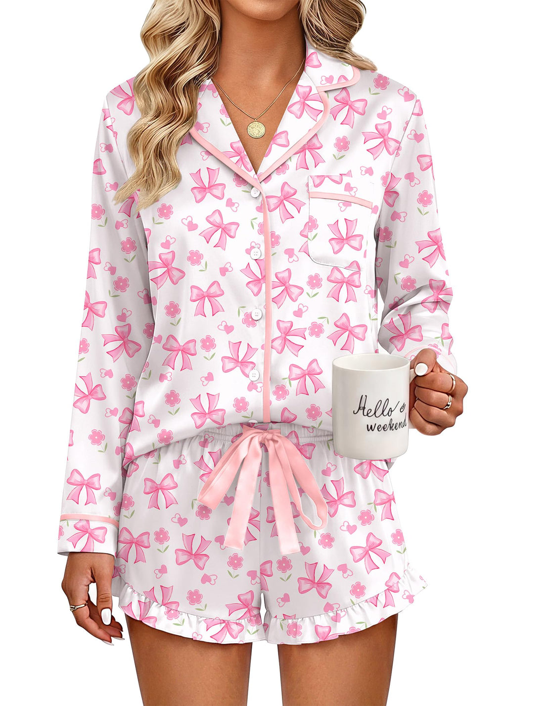 Ekouaer Womens Satin Pajamas Set 2 Piece Long Sleeve and Ruffle Shorts
