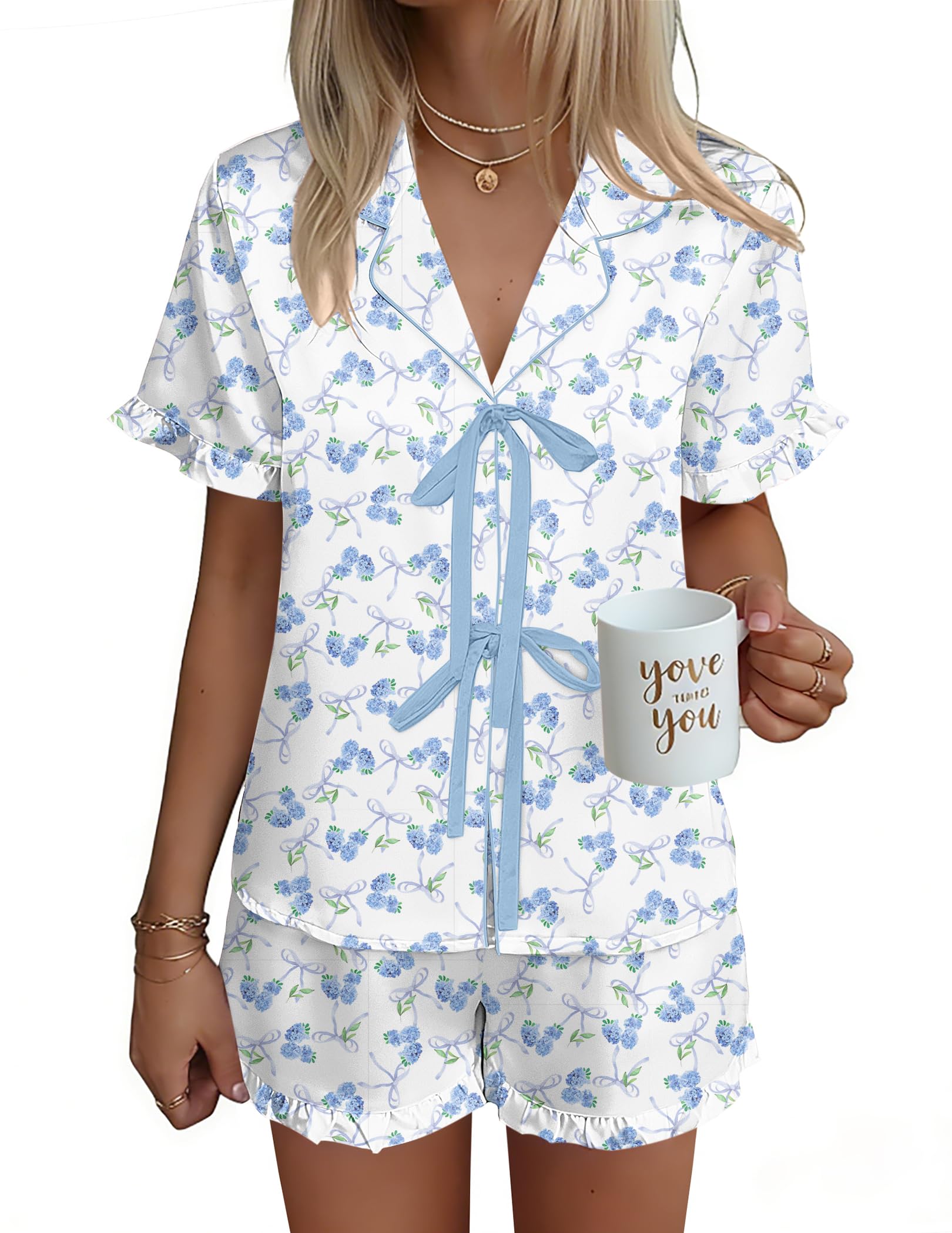Ekouaer Satin Pajama for Women Short Sleeve Silky Pj Short Sets Lounge Set