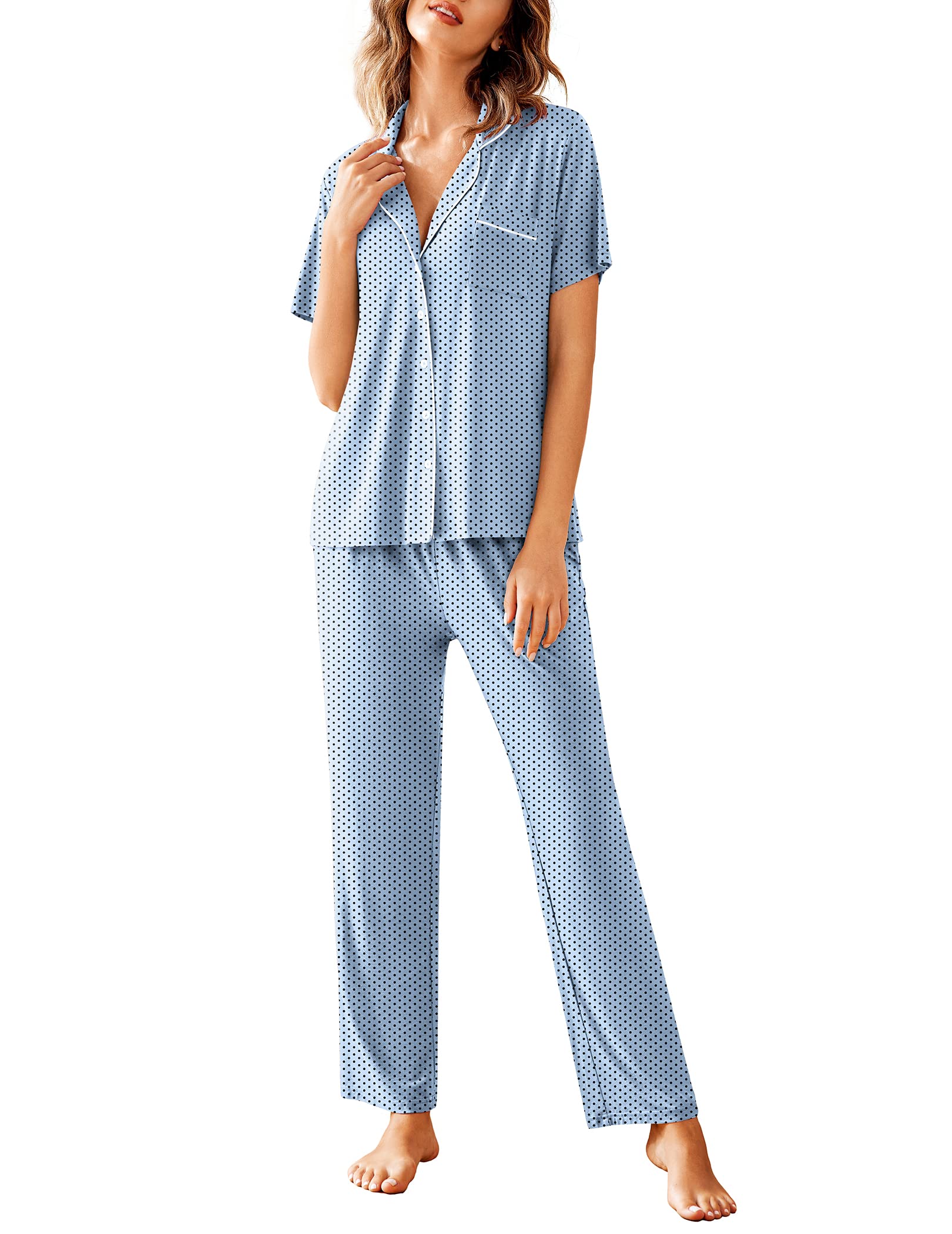 Avidlove Women Pajamas Set Notch Collar Soft Sleepwear Pjs Short Sleeve Button Down Nightwear with Long Pants