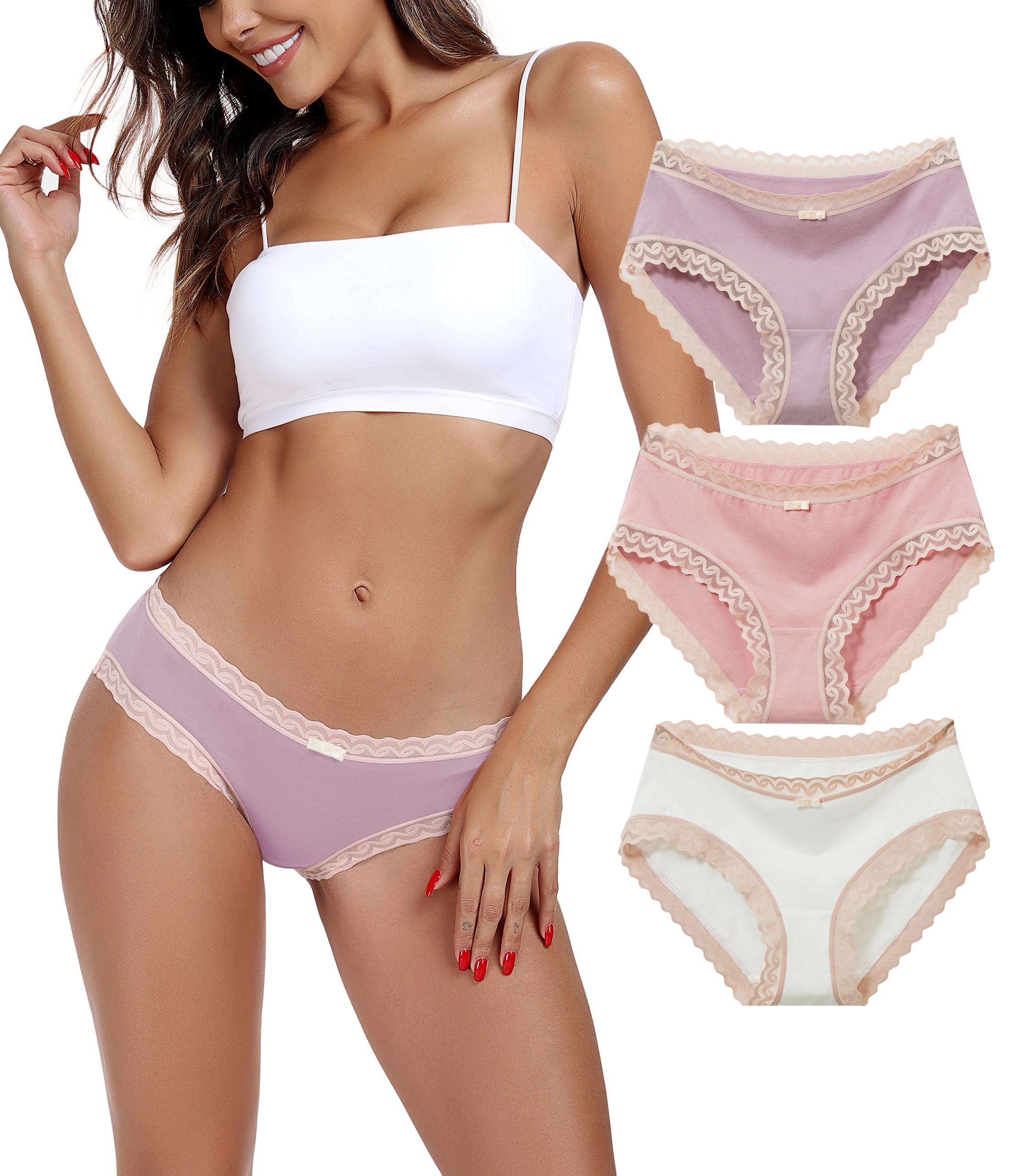 ANLIQI Womens Underwear Lace Trim Hipster Panties Pack Soft Moisture Wicking Cotton Bikini Briefs Cool Undies Underpants