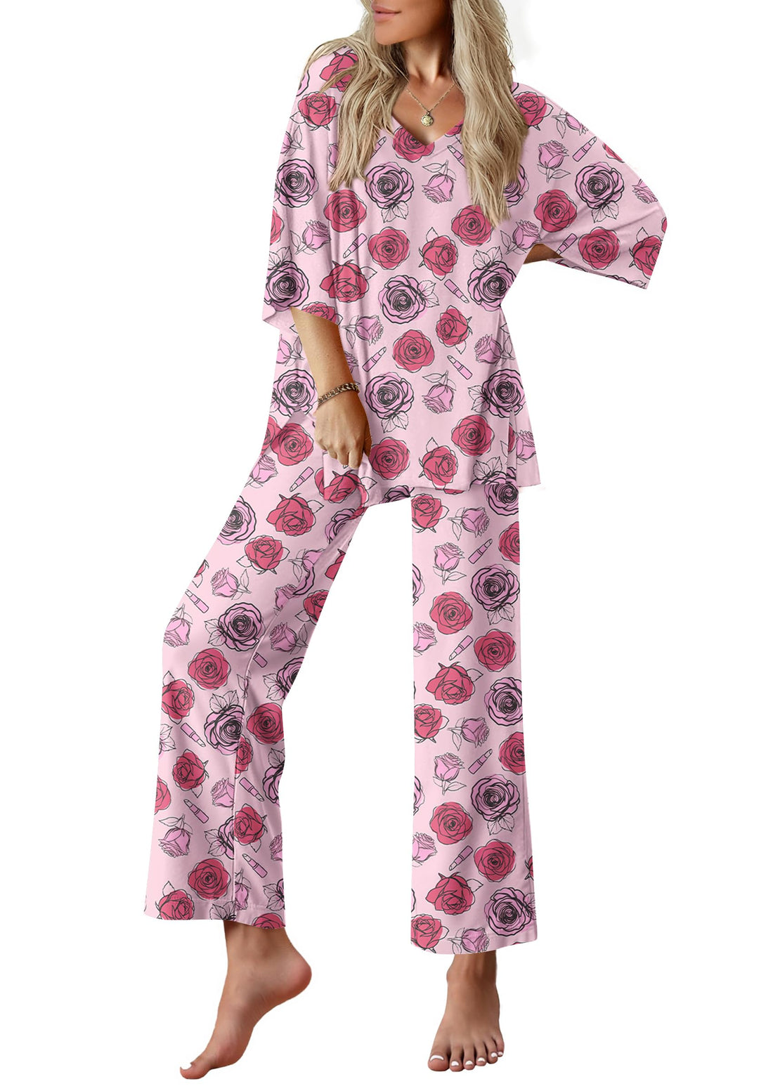 Ekouaer Lounge Sets for Women Short Sleeve Tops and Long Pants Pajamas Set