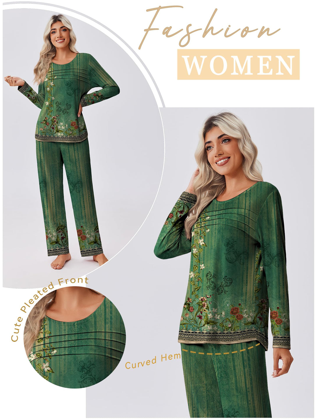 Ekouaer Womens Pajama Sets Pleated Tops with Long Sleeve Fall Lounge Set