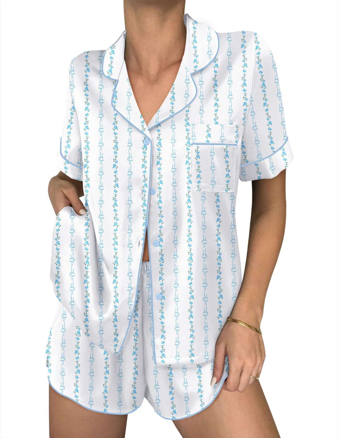 Ekouaer Women Satin Pajama Sets Cute Print Silk Pjs Shorts Sets S-4XL