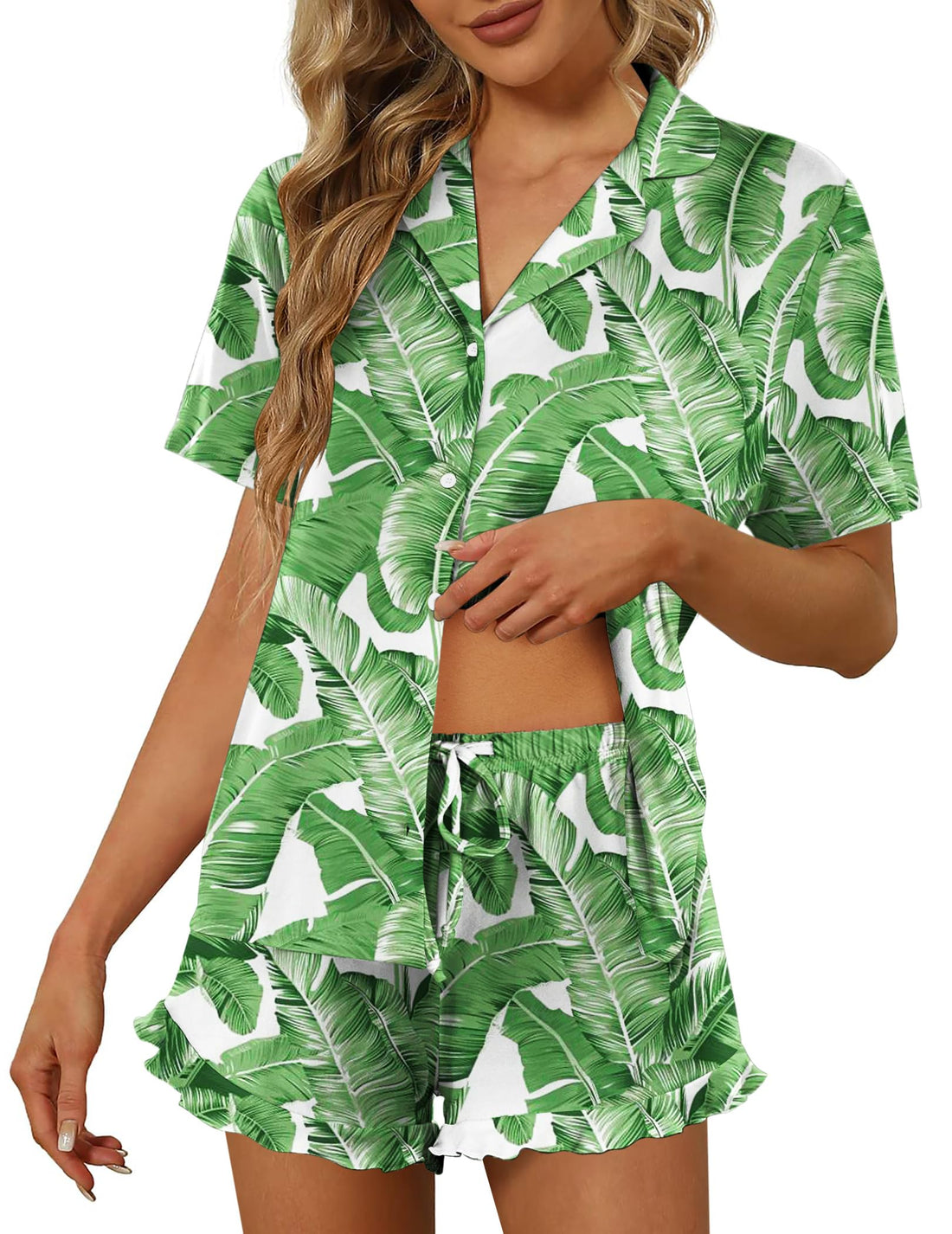 Ekouaer Pajamas Set for Women Short Sleeve Sleepwear Button Down Ruffle Pjs