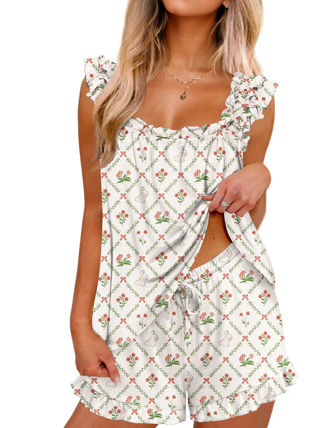 Ekouaer Pajama for Women Set 2 Piece Ruffle Pjs Soft Tank Top and Shorts