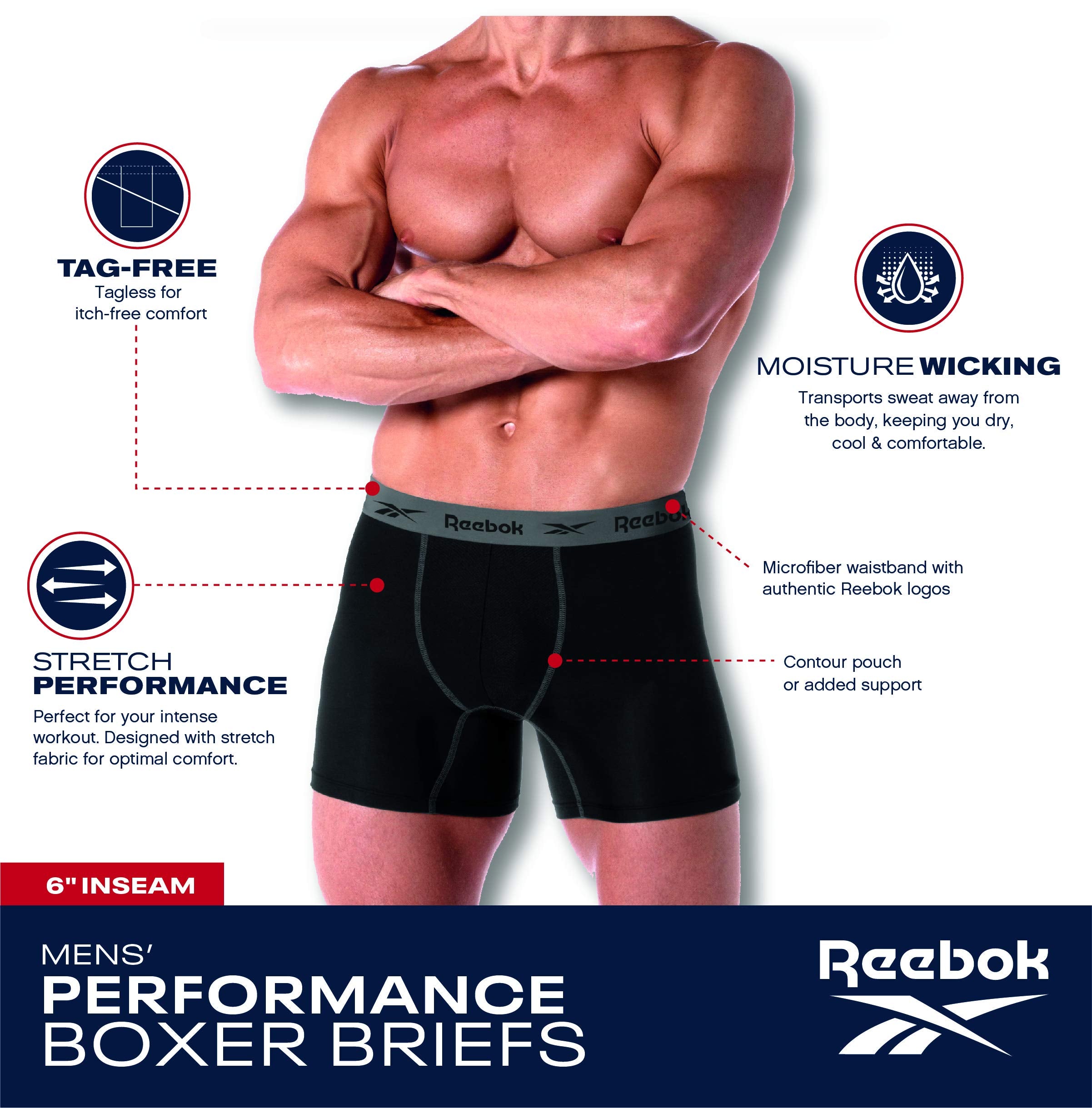 Reebok Mens Boxer Briefs - 4 Pack Underwear with Contour Pouch, 6'' Inseam | Athletic Stretch Performance Moisture-Wicking Fabric, No Fly Pouch, Tag-Free Waistband