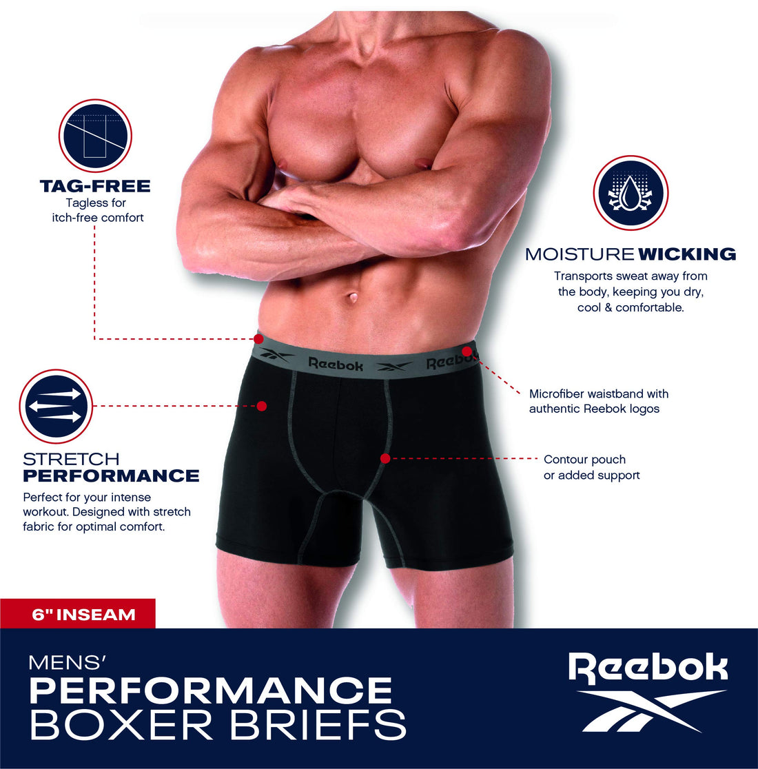 Reebok Mens Boxer Briefs - 4 Pack Underwear with Contour Pouch, 6'' Inseam | Athletic Stretch Performance Moisture-Wicking Fabric, No Fly Pouch, Tag-Free Waistband