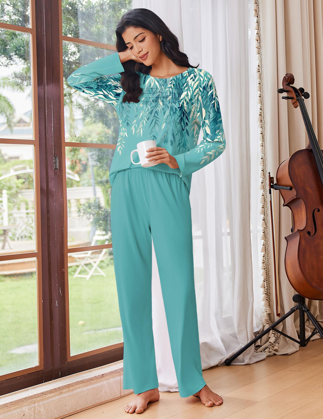 Ekouaer Womens Pajama Sets Pleated Tops with Long Sleeve Fall Lounge Set