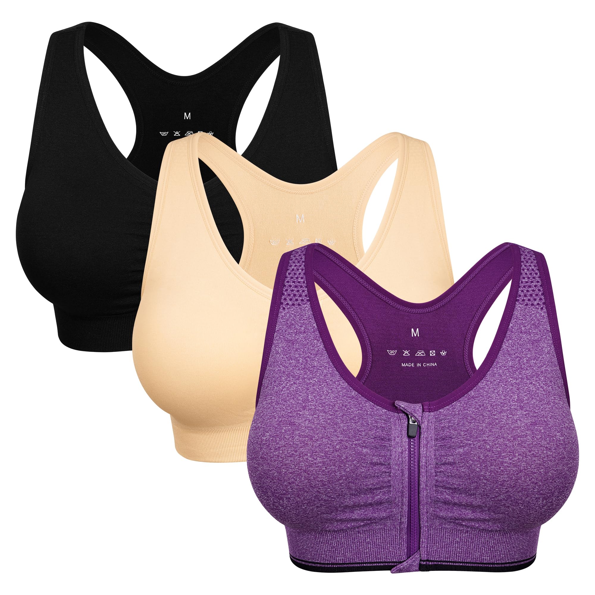 Women's Zip Front Sports Bra Wireless Post-Surgery Bra Workout Sports Bras | Zipper Front Closure, Surgical Mastectomy Bra, Post Op, Compression, Comfort, Medium Support, Active, Yoga, Removable Pads