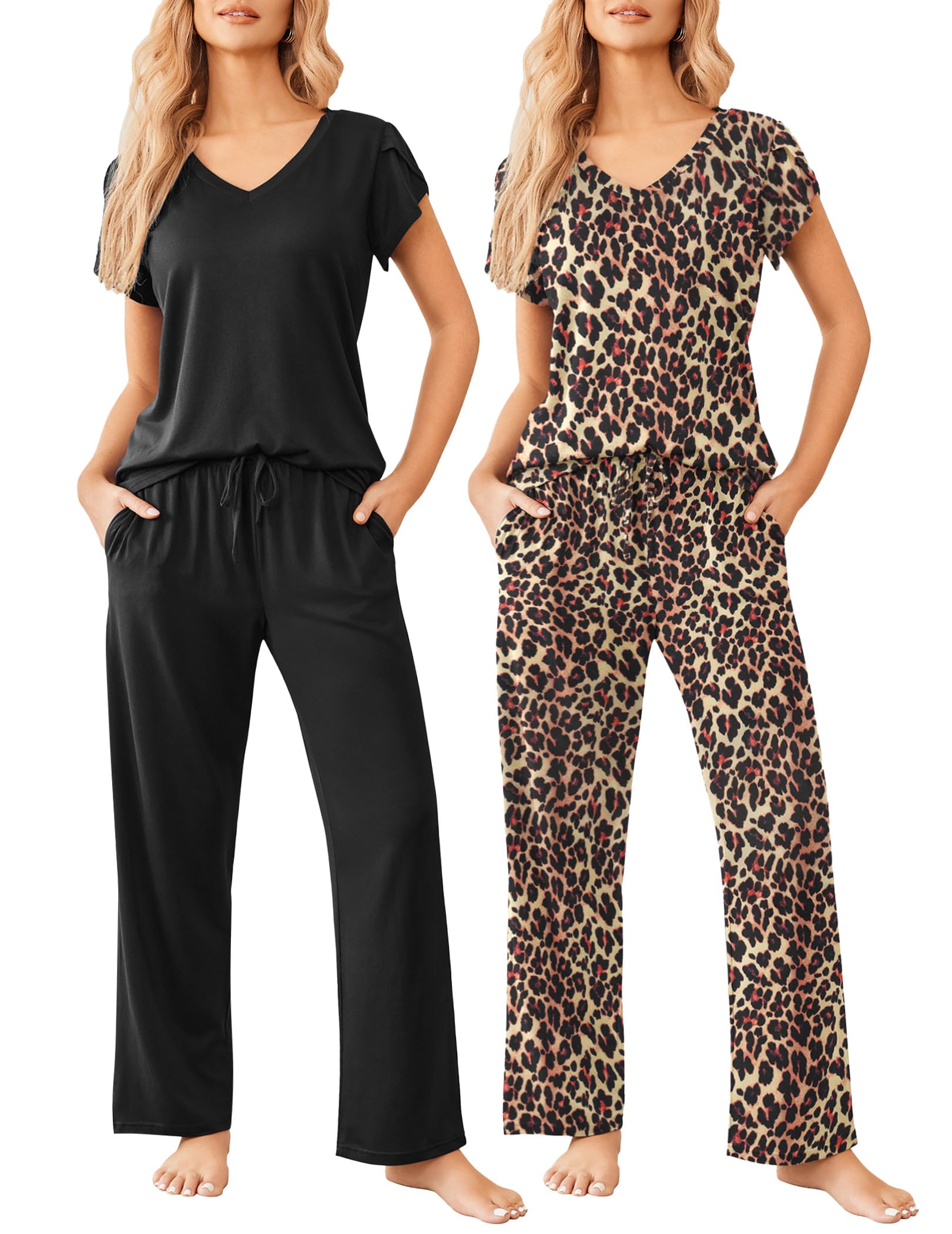 Ekouaer 2 Pack Womens Pajama Set Short Sleeve Sleepwear Soft Pjs Lounge Set