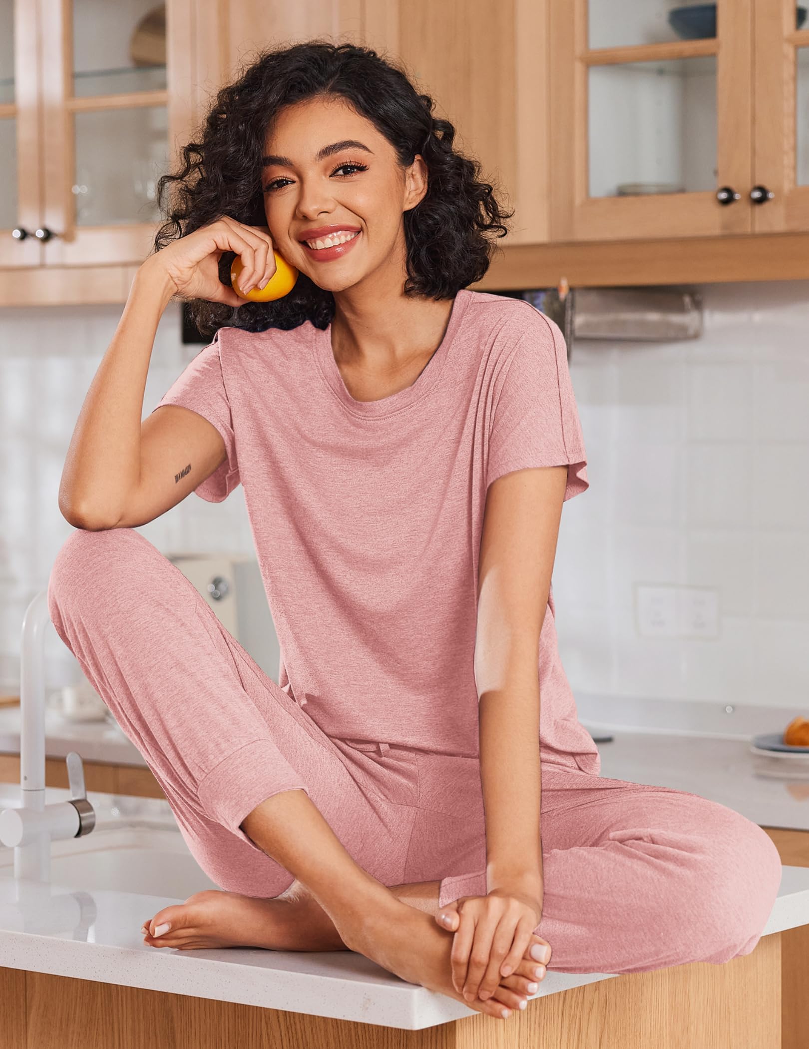 Ekouaer 2 Pack Womens Pajama Short Sleeve Jogger Pants Pjs Lounge Set