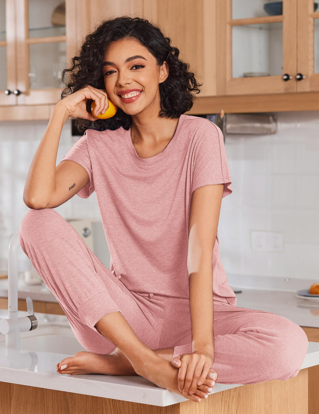 Ekouaer 2 Pack Womens Pajama Short Sleeve Jogger Pants Pjs Lounge Set