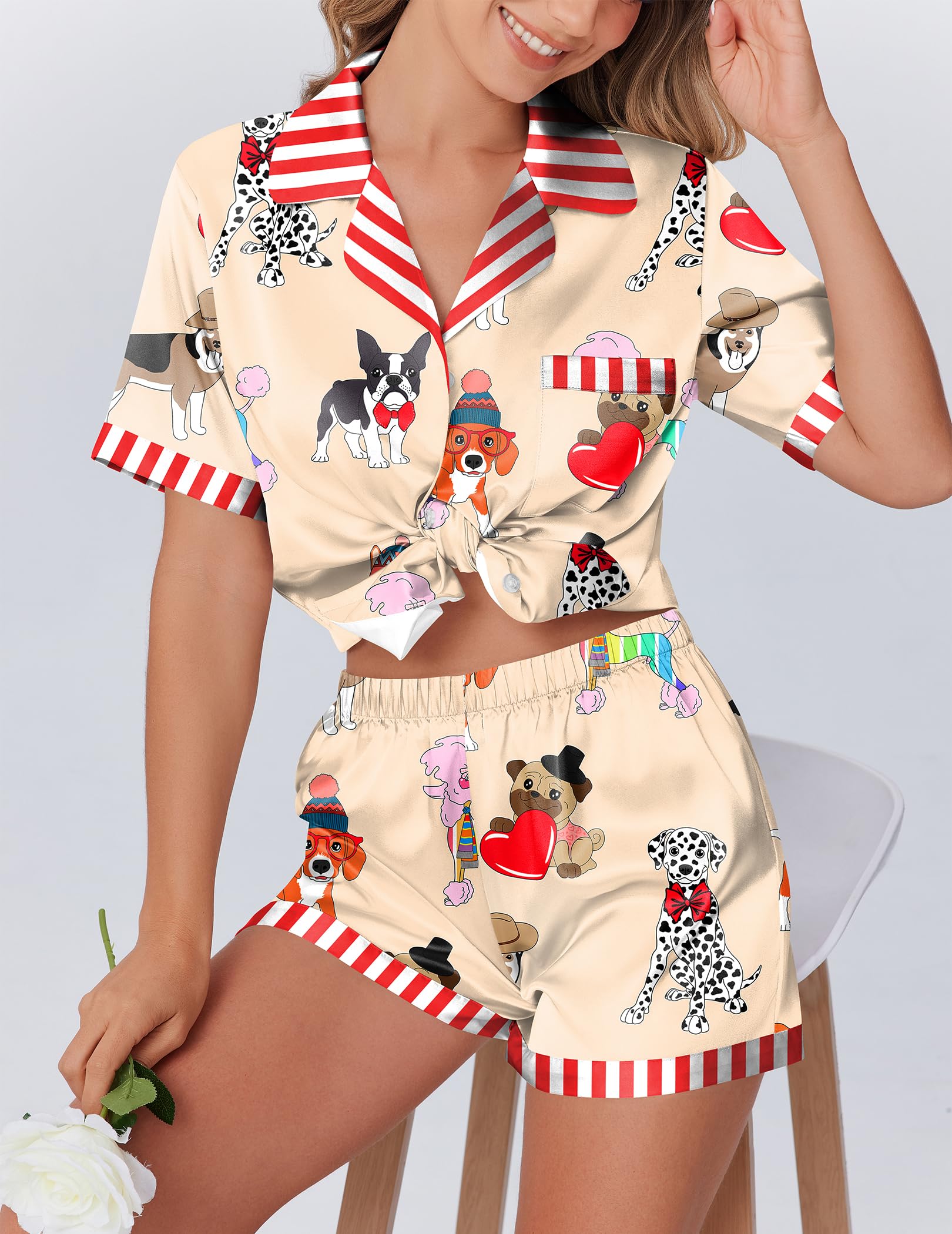 Ekouaer Womens Silky Satin Pajamas Set Short Sleeve Colorful Print Pjs