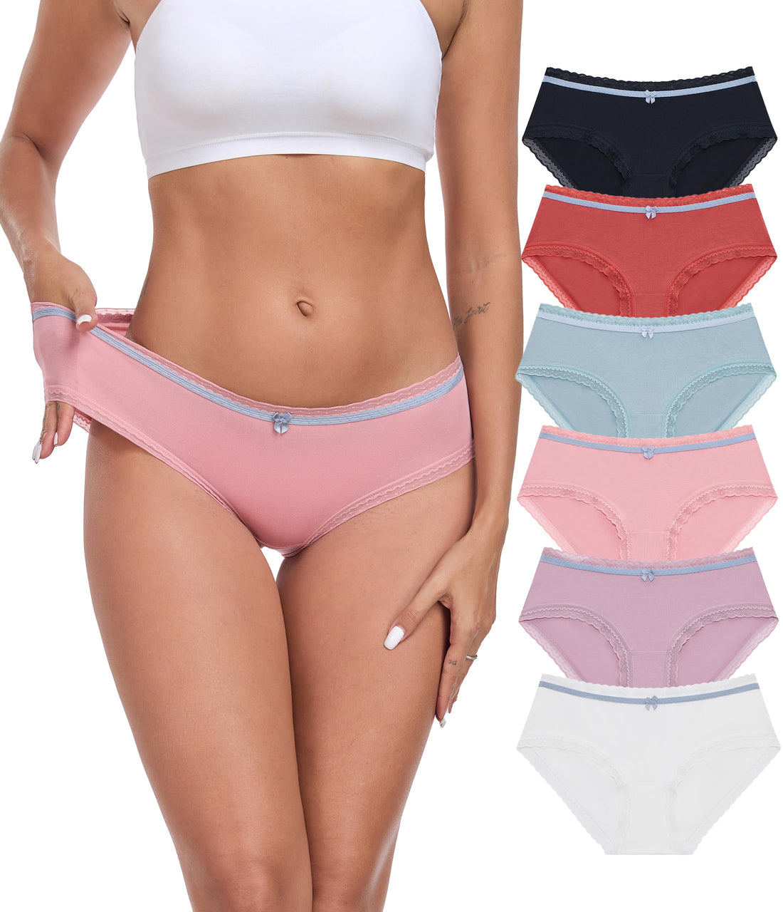 ANLIQI Cotton Underwear for Women Soft Lace Trim Hipster Panties Low Rise Bikini Undies Multipack
