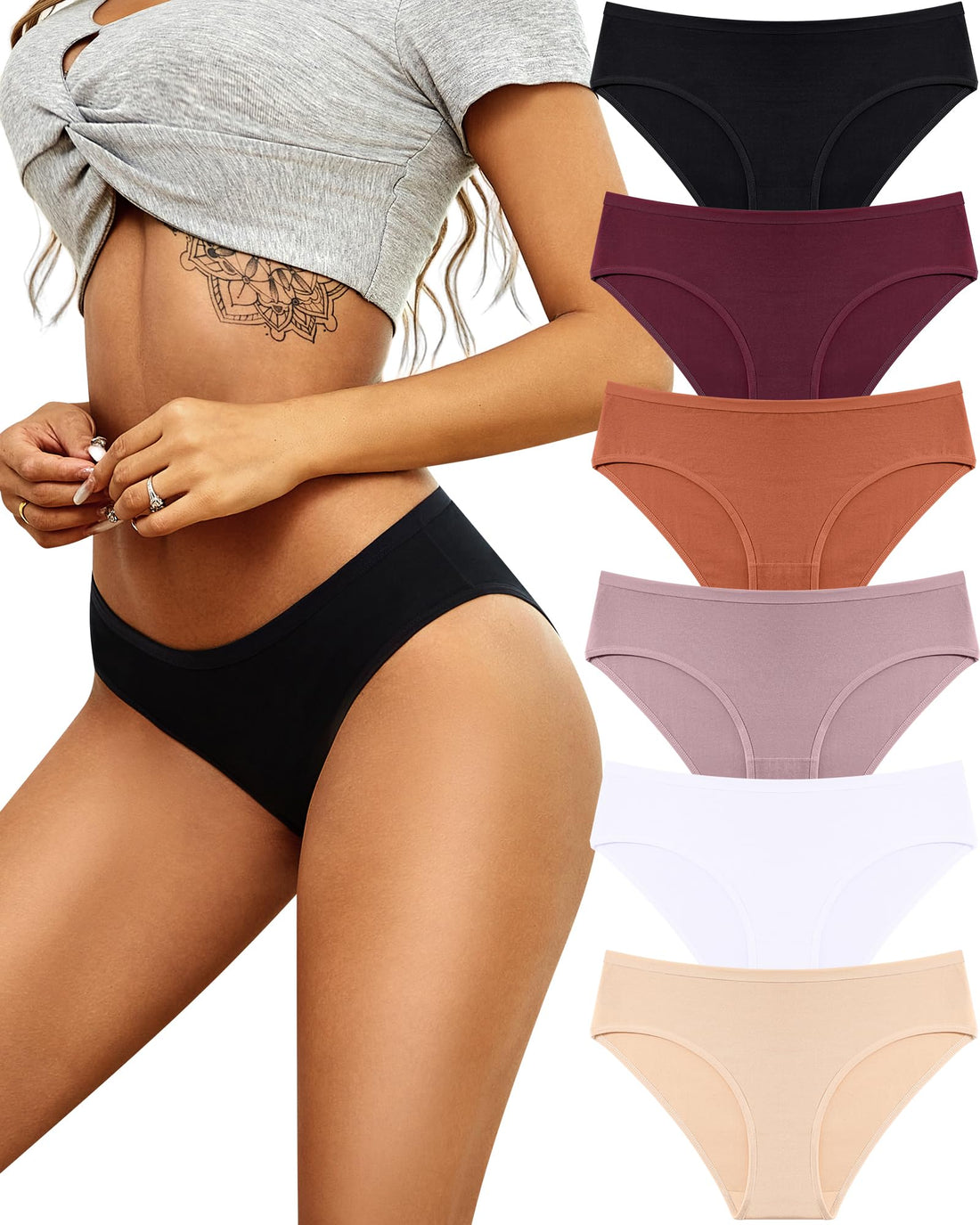 ALL OF SHE Womens Underwear Cotton Hipster Panties Breathable Sexy Cheeky Stretch Soft Ladies Bikini Underwear 6 Pack S-XXL