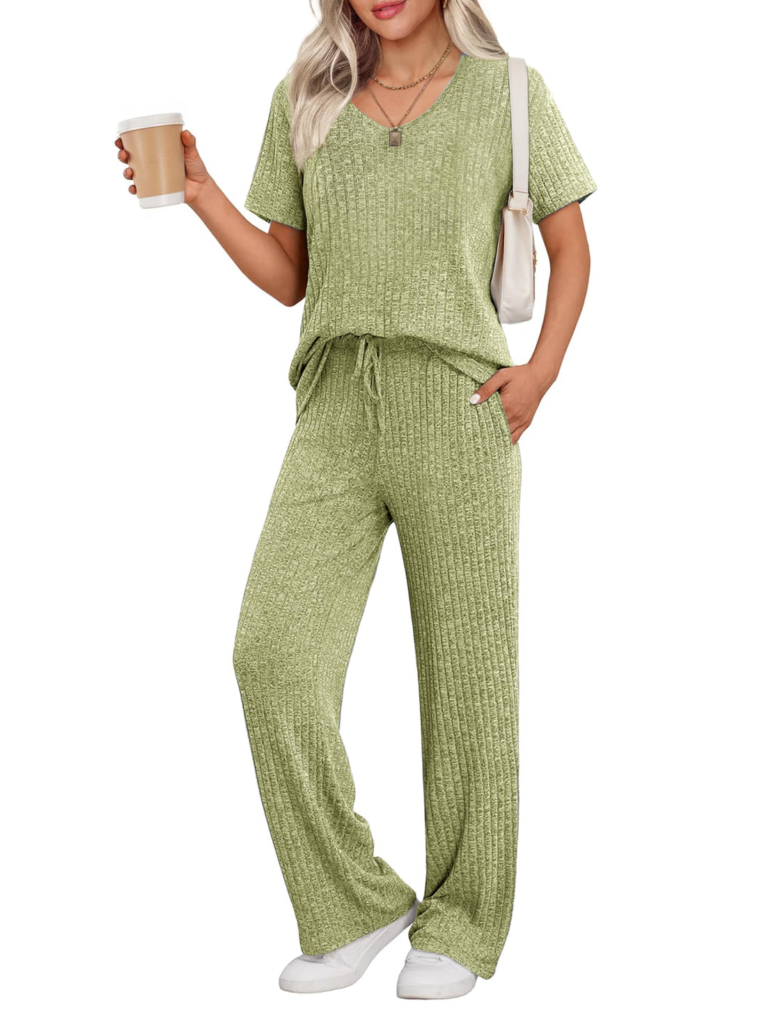 Ekouaer Womens Ribbed Knit Lounge Set Short Sleeve Top and Long Pants Sleepwear Pajama Set Two Piece Matching Outfits Set