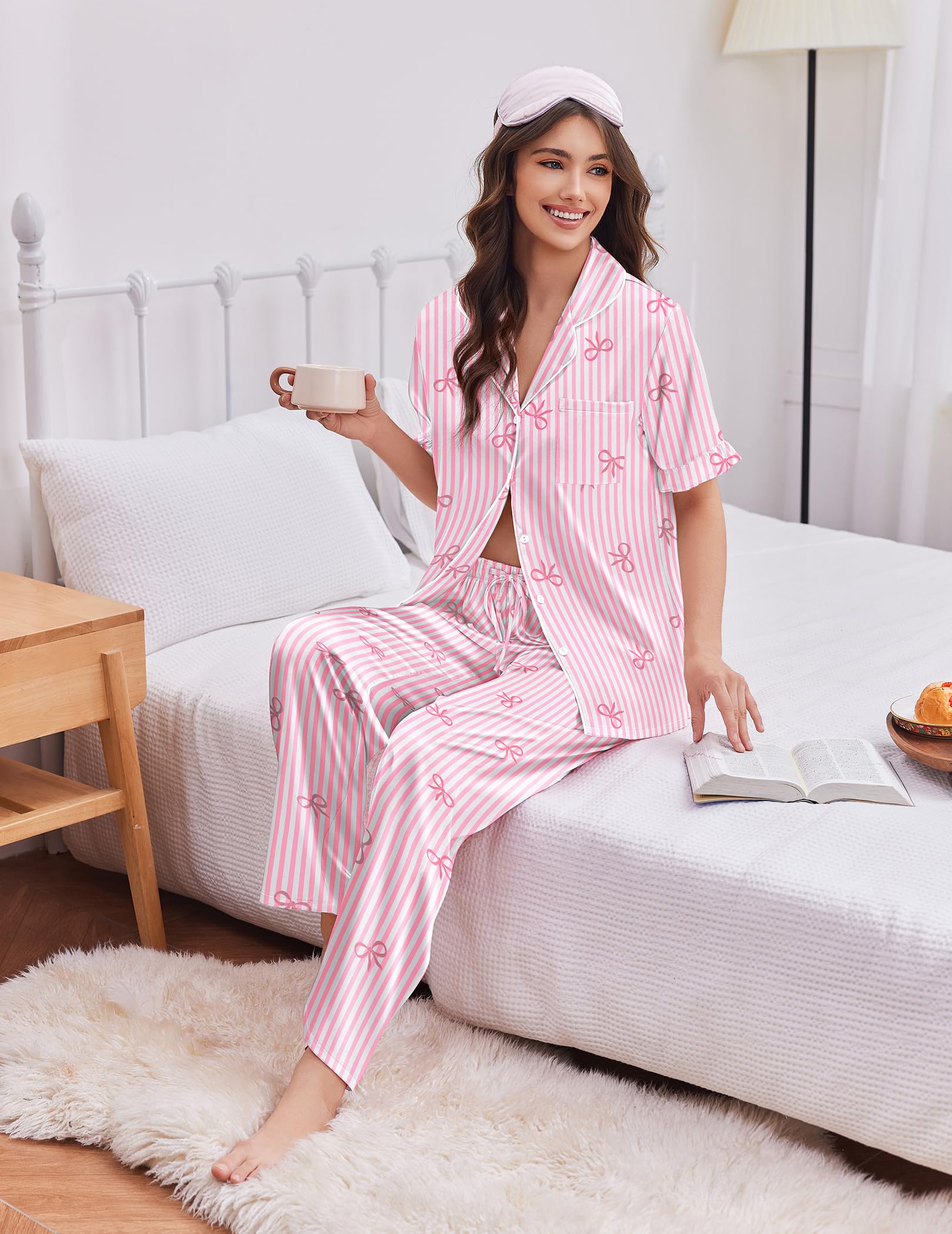 Ekouaer Silk Satin Pajamas for Women Set 2 Piece Short Sleeve Button Up Pjs