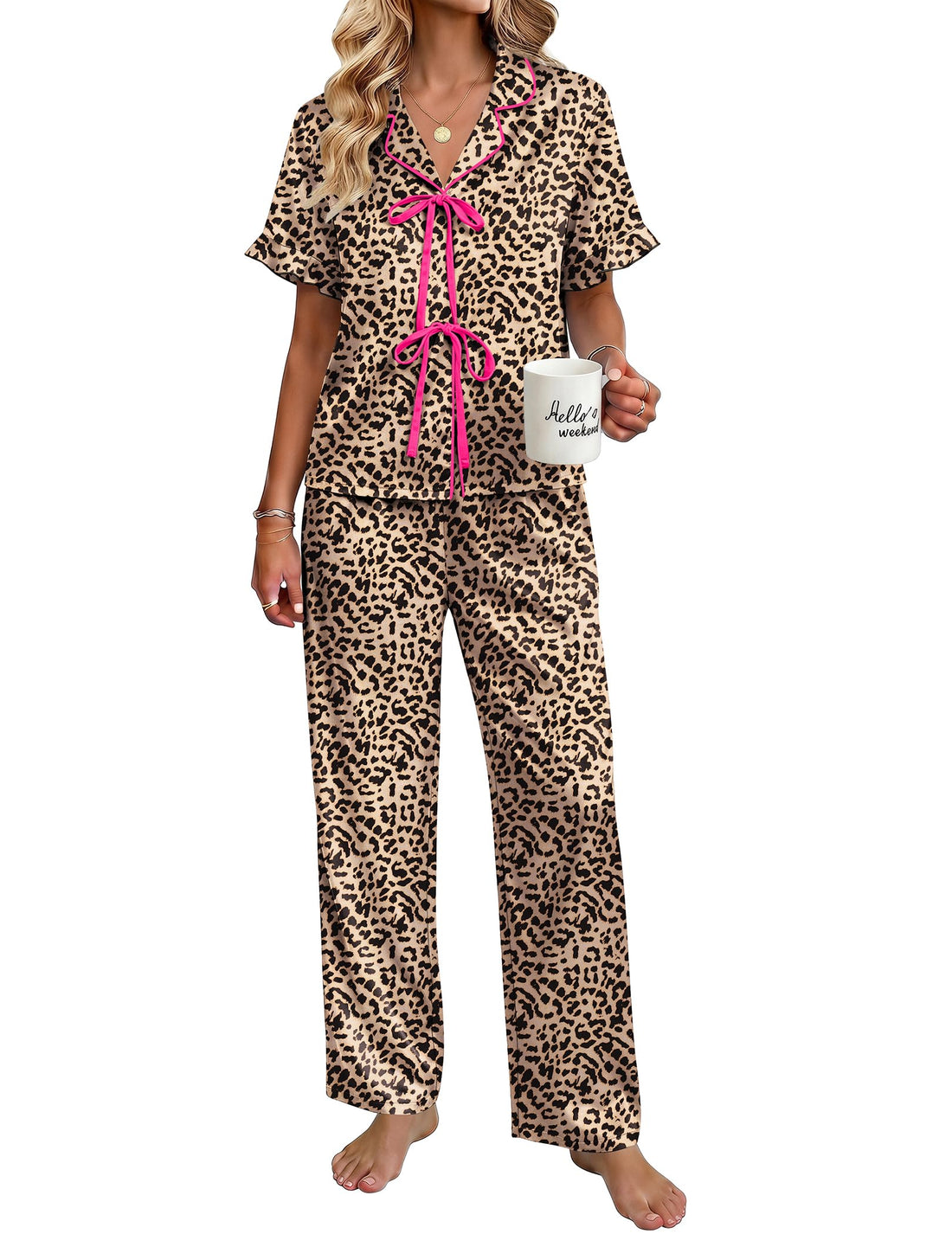 Ekouaer Womens Satin Pajama Sets Silky Tie Front Ruffle Pjs Sets Sleepwear