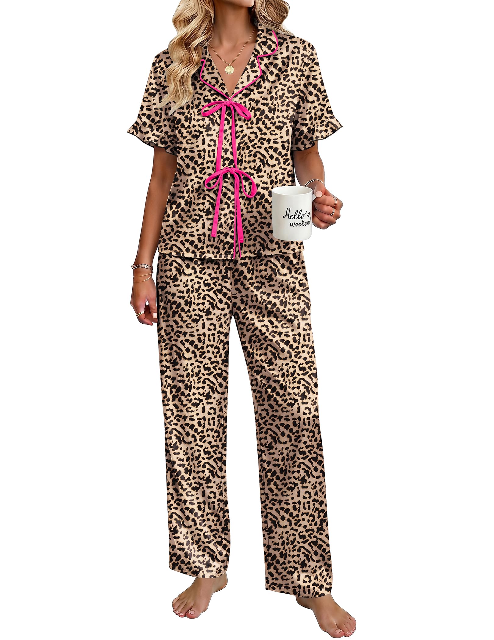 Ekouaer Womens Satin Pajama Sets Silky Tie Front Ruffle Pjs Sets Sleepwear