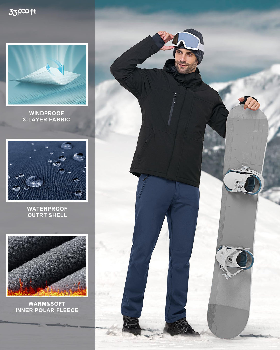 33,000ft Men's Winter Snow Ski Fleece Lined Pants Warm Waterproof Softshell Insulated for Snowboard Outdoor Work Hiking